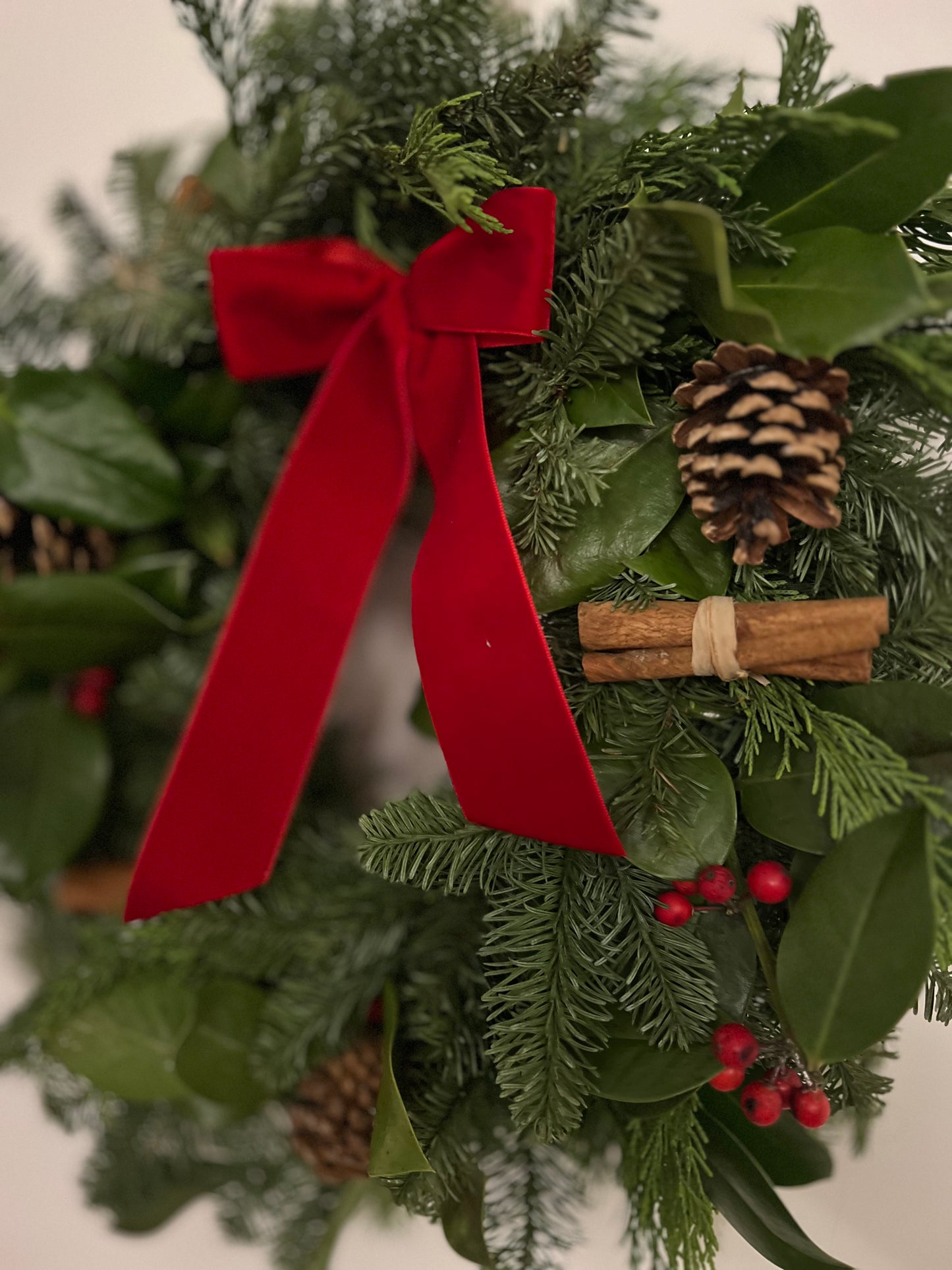 Fresh Christmas wreath with velvet red ribbon 45cm