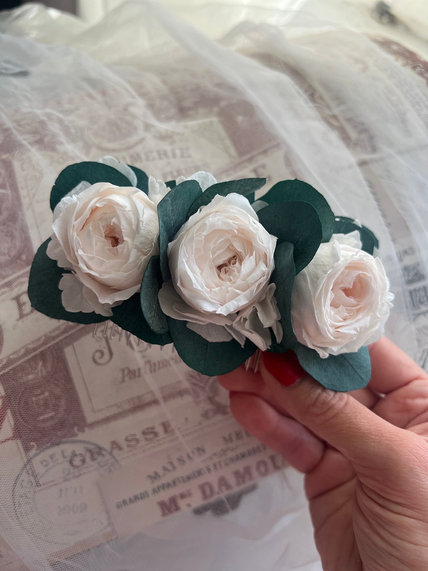 Romantic Peony Roses with Eucalyptus Hair Comb for Wedding - Limited Ed