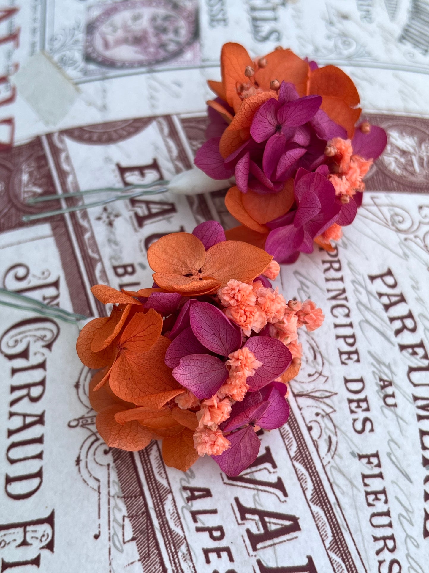 Orange and Fuchsia Floral Hair Pins for Wedding Guests, Bridal Headpiece with Preserved Hydrangeas and Gypsophilas