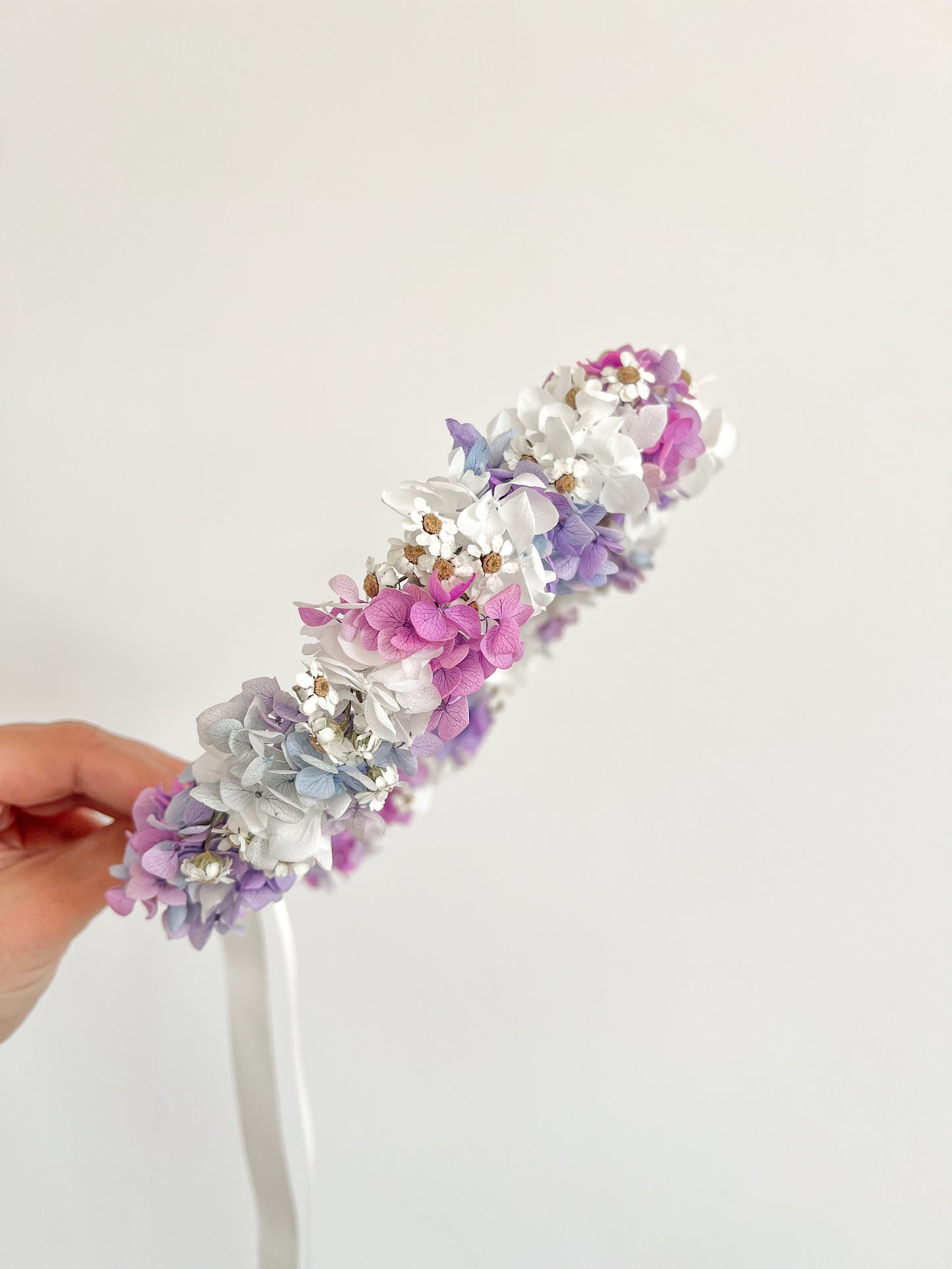 Pastel Colourful Flower Crown with Dried Daisy and Hydrangeas