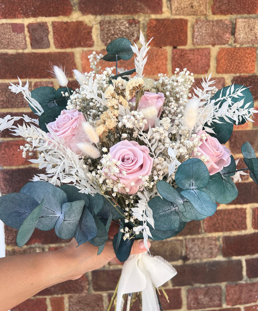 Pink Bridal Bouquet with Roses, Gypsophila and Eucalyptus