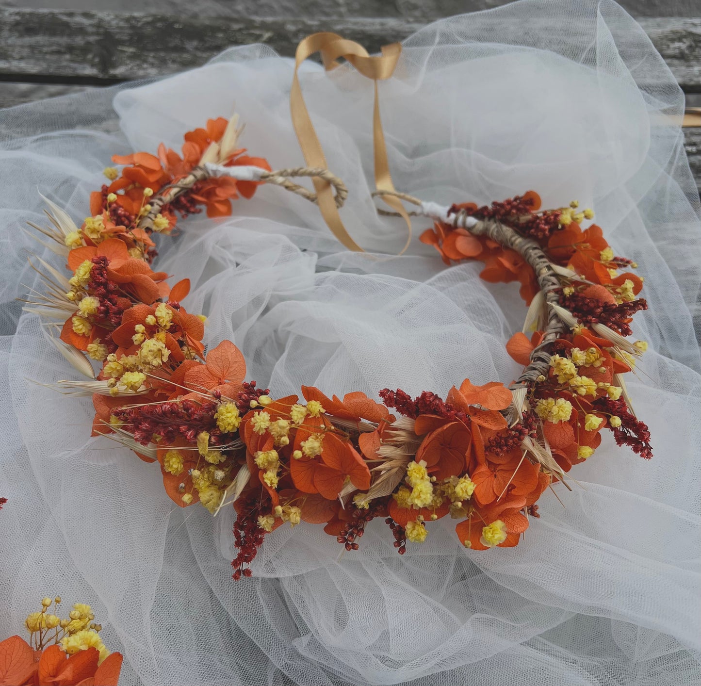 Orange Dried Flower Crown, Autumnal Floral Headband, Bright Colourful Floral Hair Wreath For Wedding