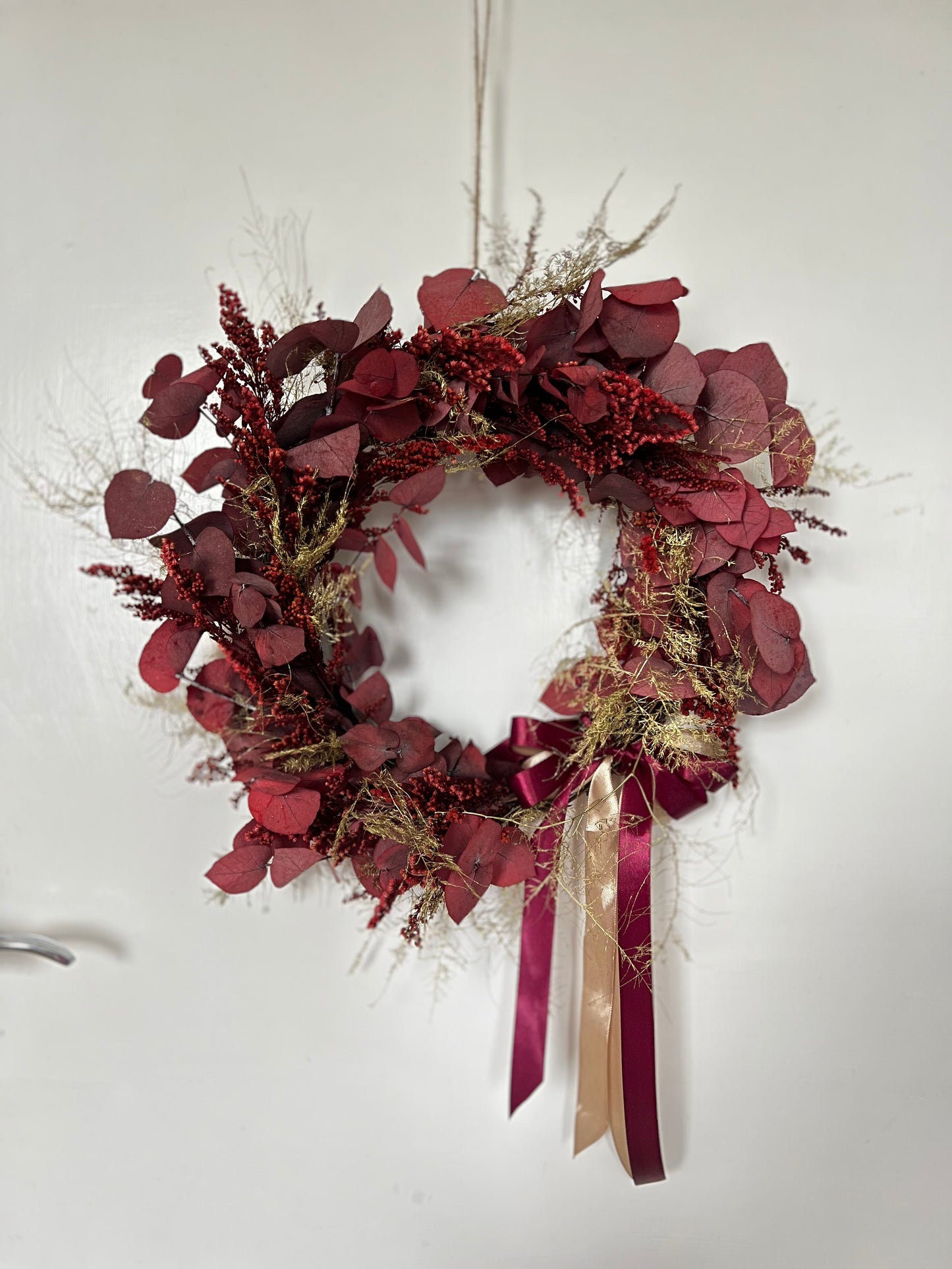 Burgundy Red Christmas Wreath, Modern Eucalyptus And Fern Door Wreath with Gold