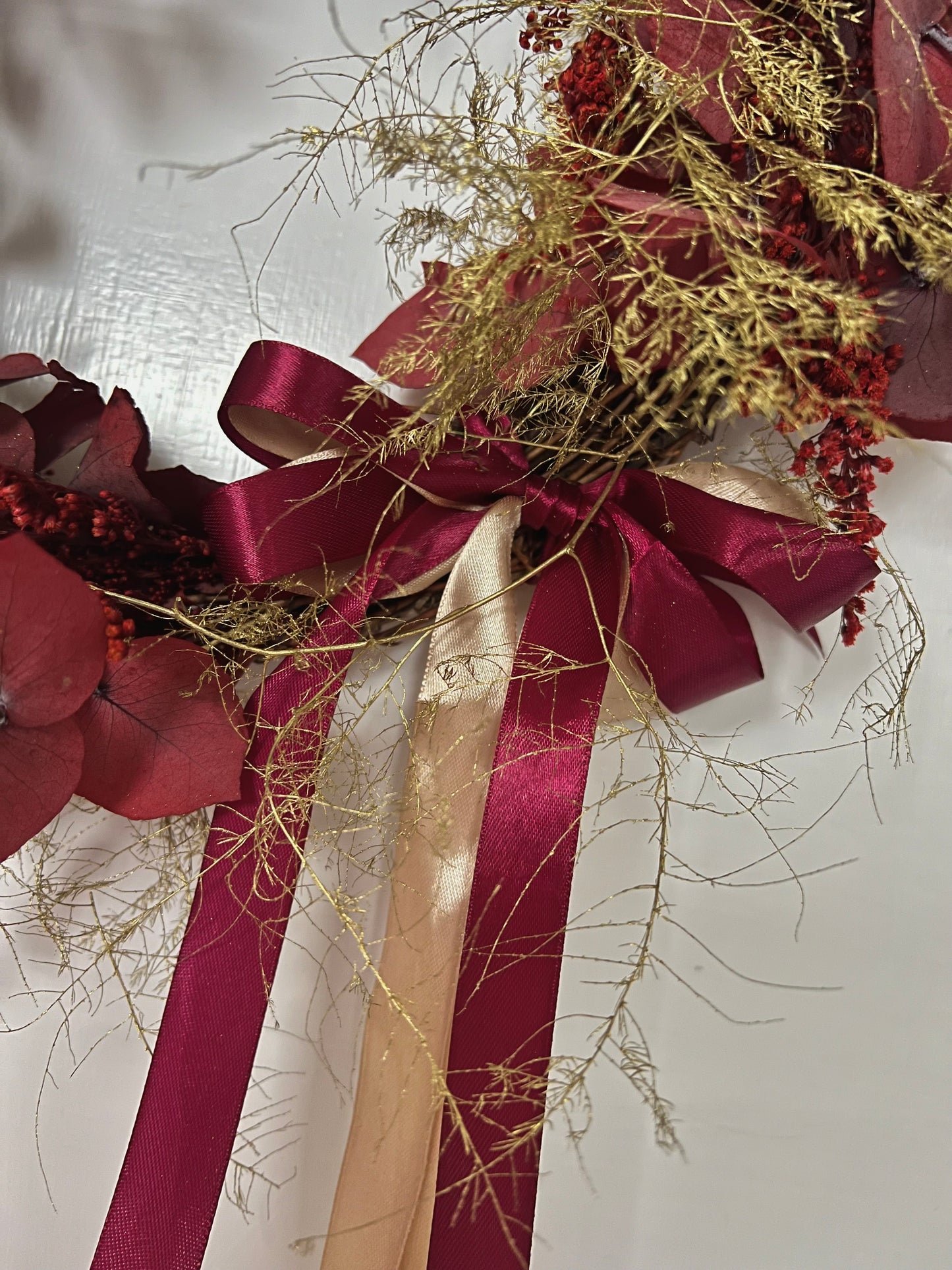 Burgundy Red Christmas Wreath, Modern Eucalyptus And Fern Door Wreath with Gold