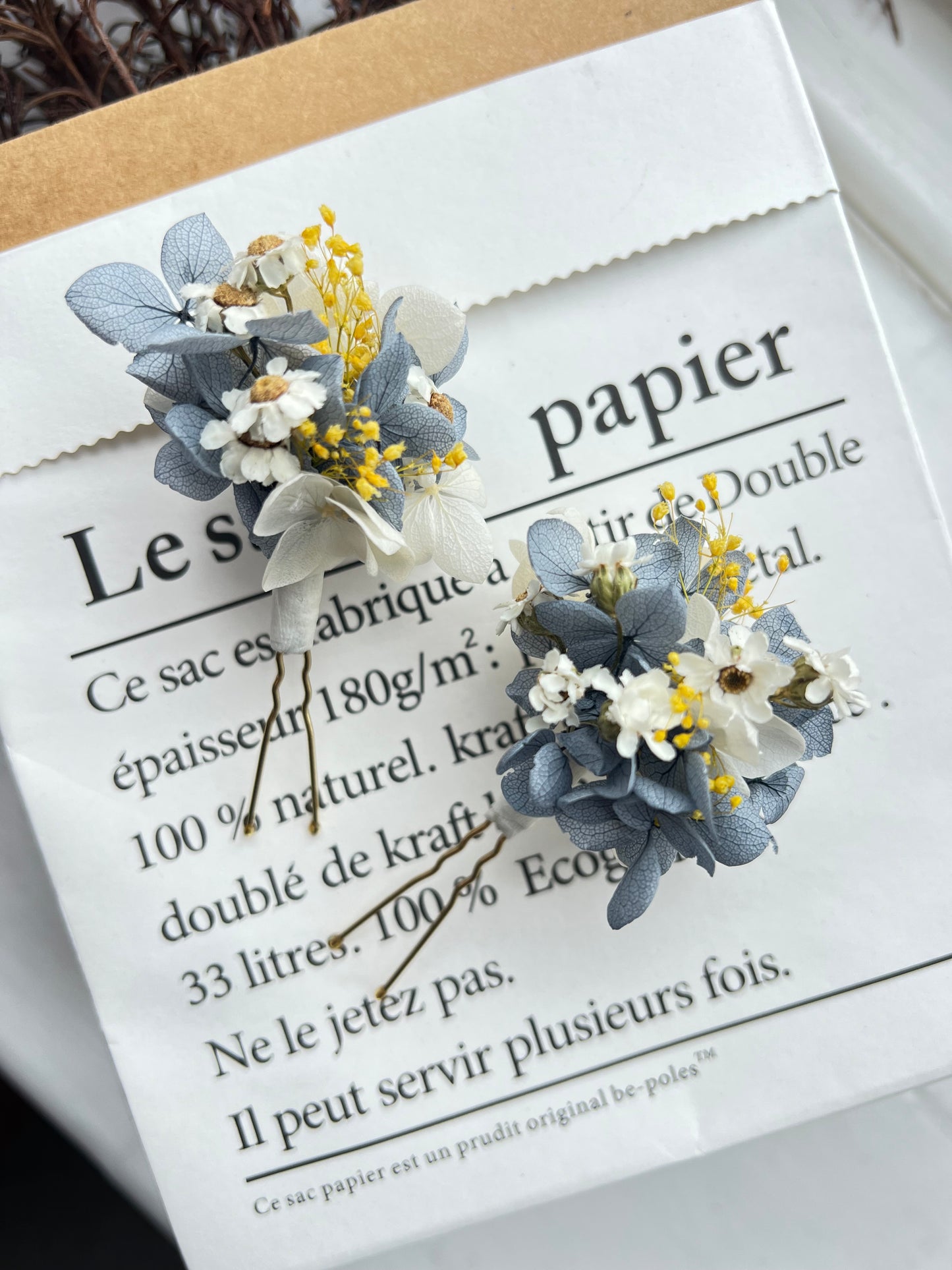 Dusty Blue Wedding, Hydrangea Hair Pins with Yellow Gypsophila and Dried Daisies