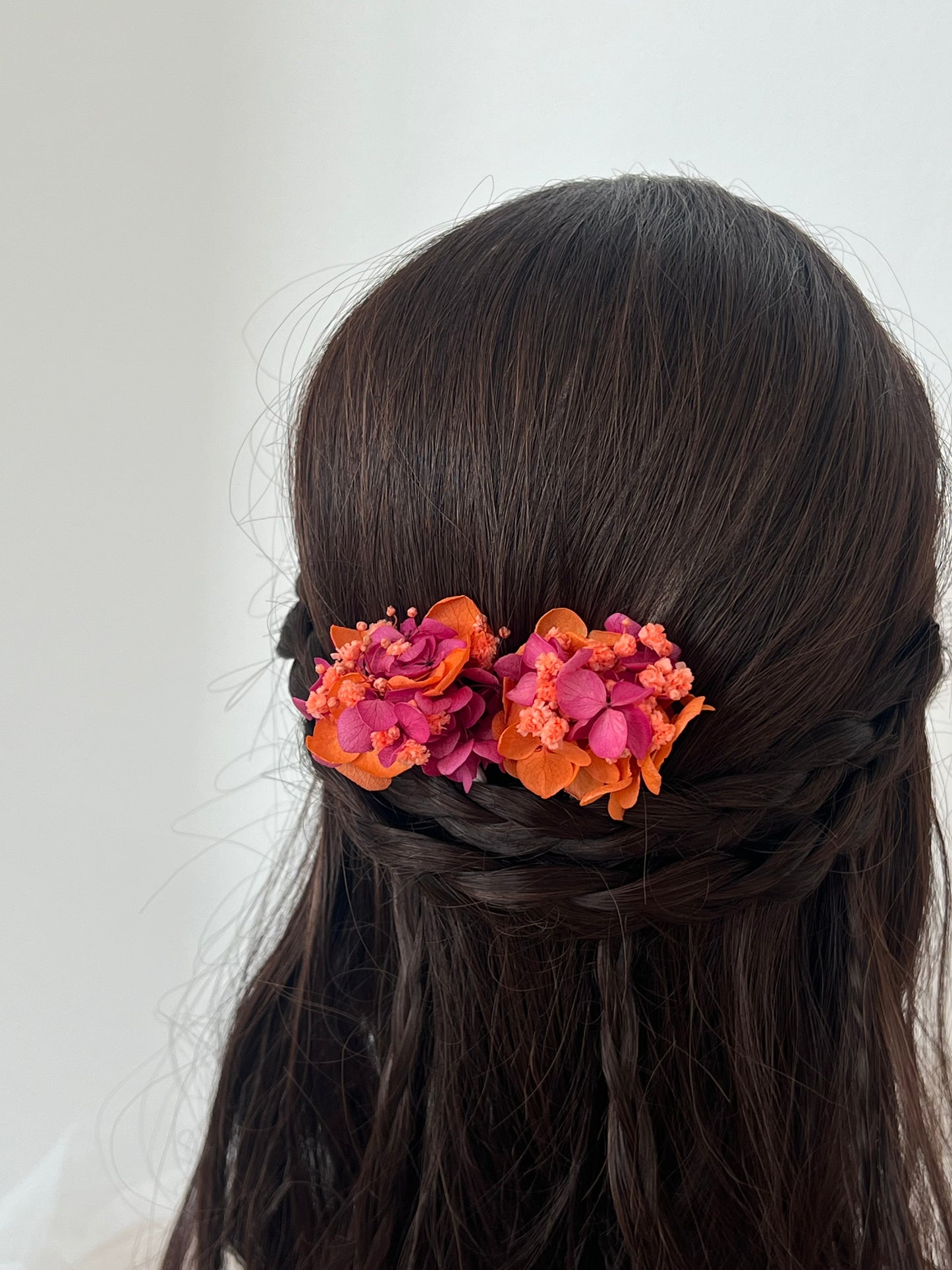 Orange and Fuchsia Floral Hair Pins for Wedding Guests, Bridal Headpiece with Preserved Hydrangeas and Gypsophilas