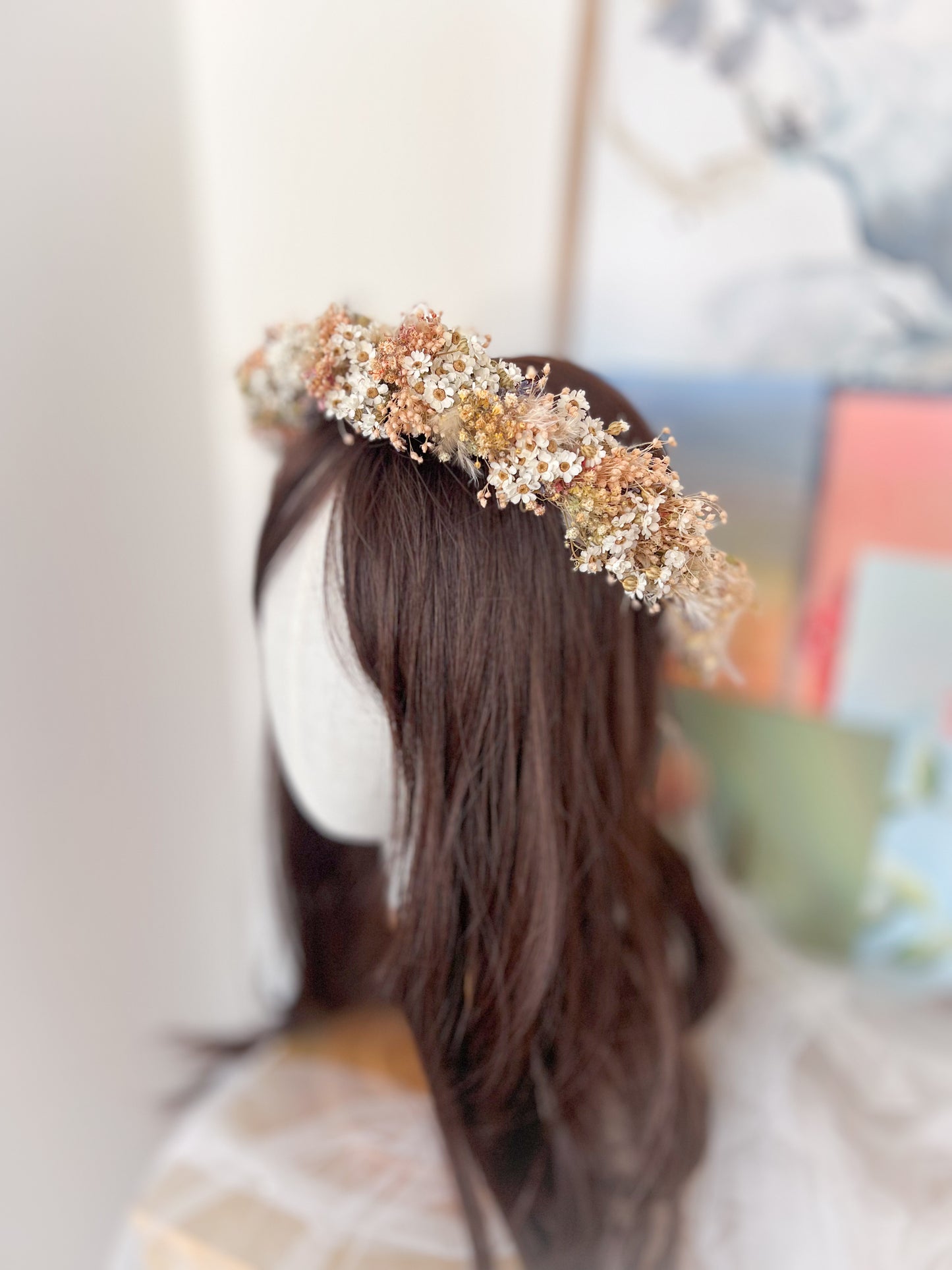 Dried Flower Crown for Wedding, Boho Bridal Headband, Pastel Flower Headpiece with Daisies