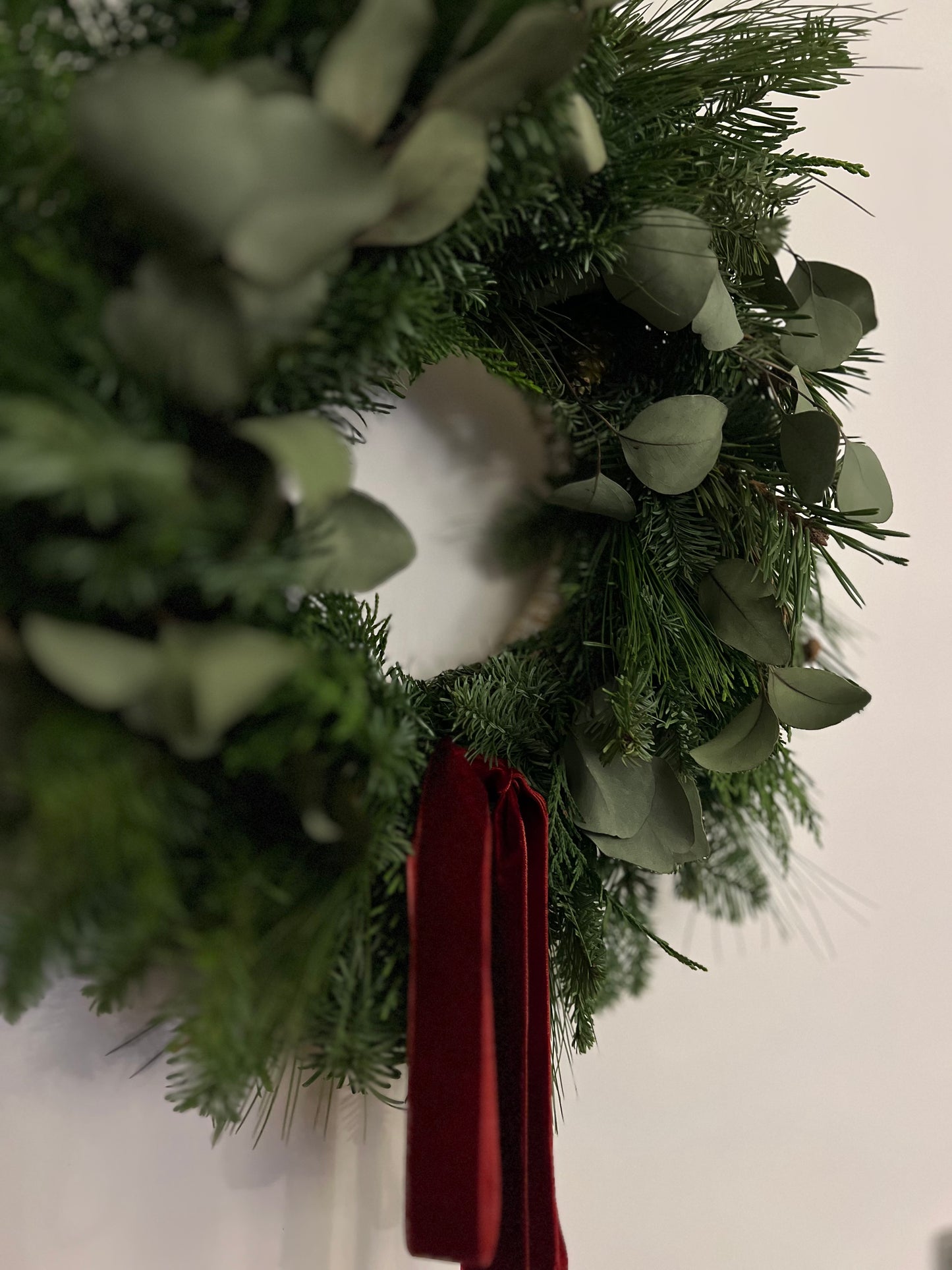 Fresh Christmas Wreath with Eucalyptus and Burgundy Velvet Ribbon, 45cm aprx
