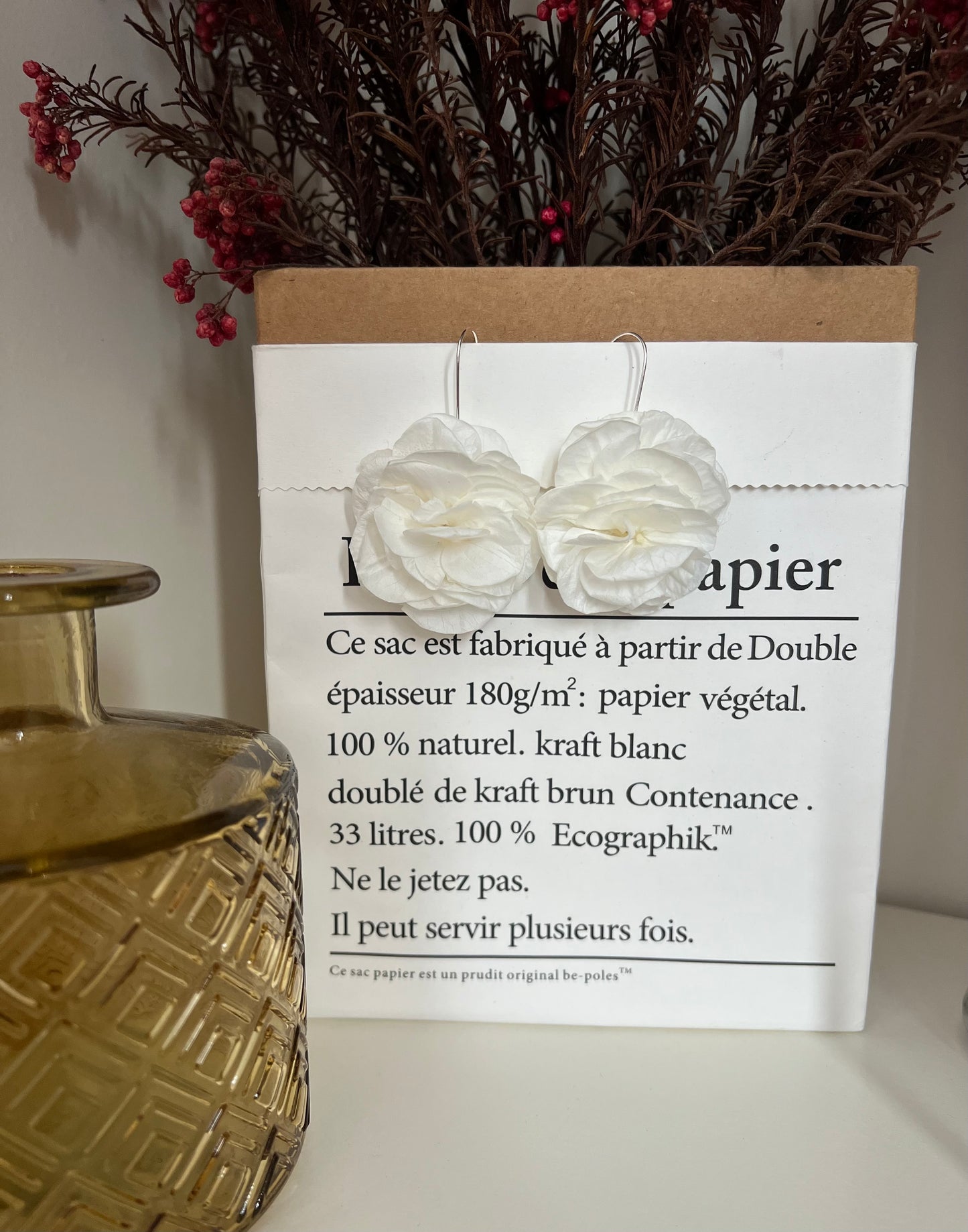 White floral earrings for brides with white preserved hydrangeas, silver plated bridal jewellery, Preserved flower earrings boho wedding