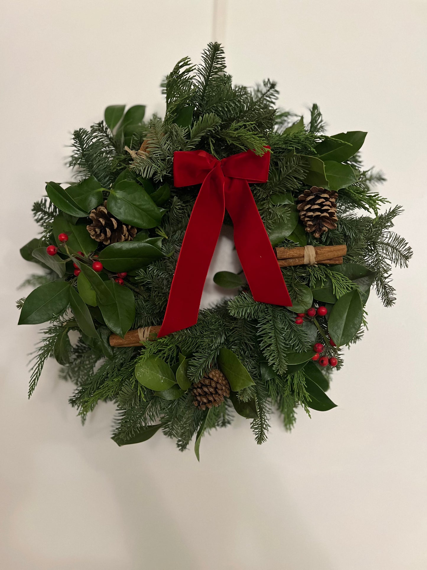 Fresh Christmas wreath with velvet red ribbon 45cm