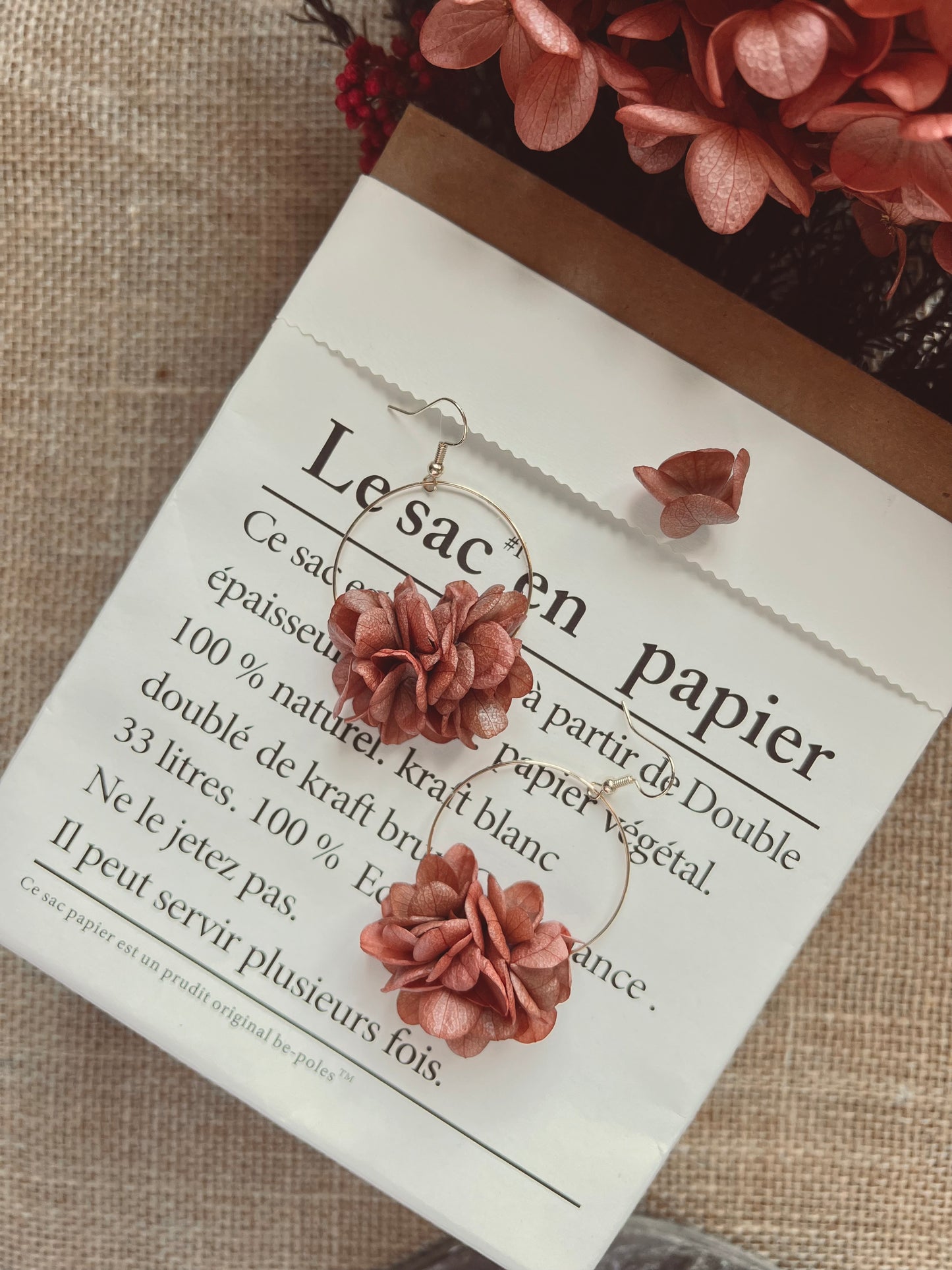 14K Gold Plated Autumnal Dusky Pink Wedding Jewelry, Boho Bridal Earrings, Minimal Earrings for Brides Hydrangea Flower Silver Hoop Earrings