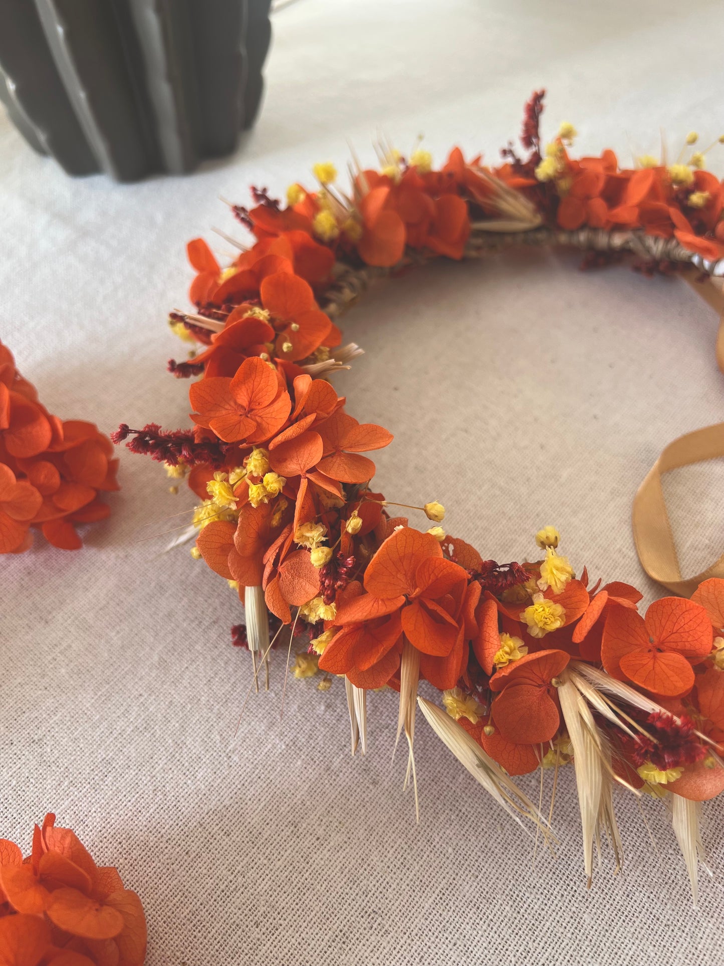 Orange Dried Flower Crown, Autumnal Floral Headband, Bright Colourful Floral Hair Wreath For Wedding