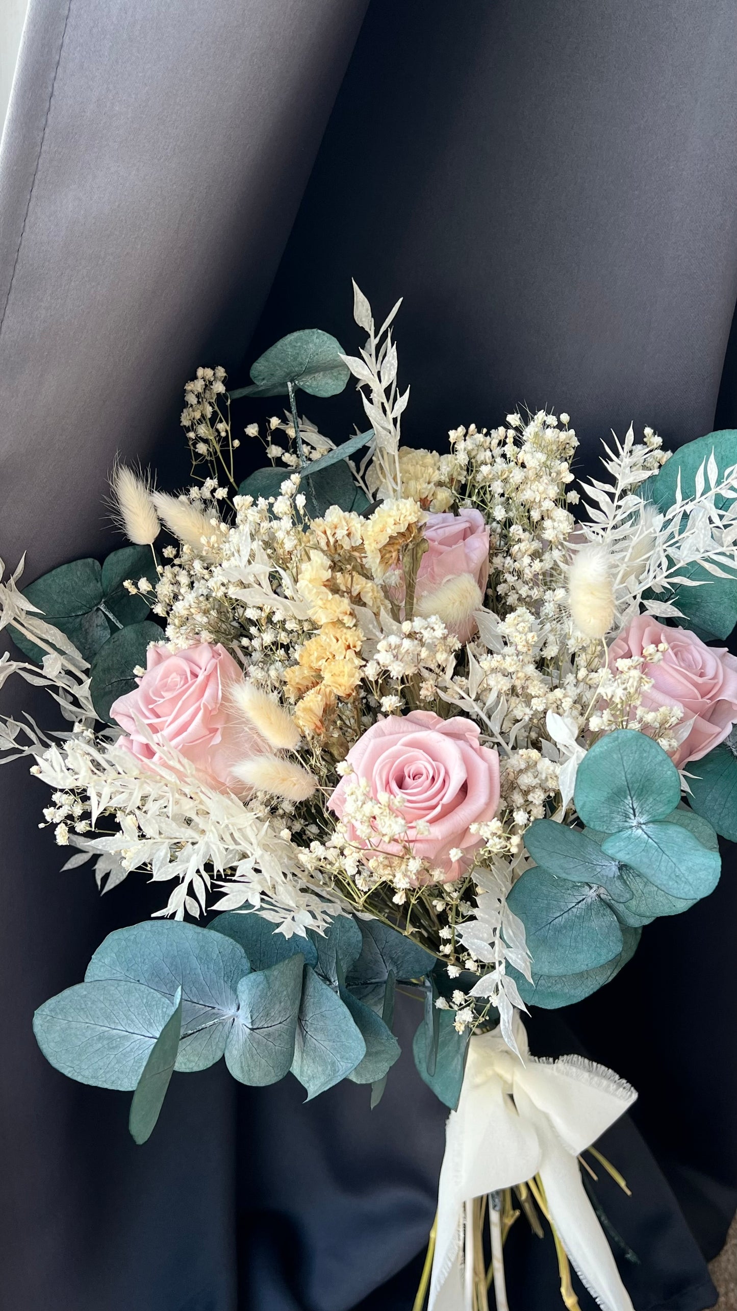Pink Bridal Bouquet with Roses, Gypsophila and Eucalyptus