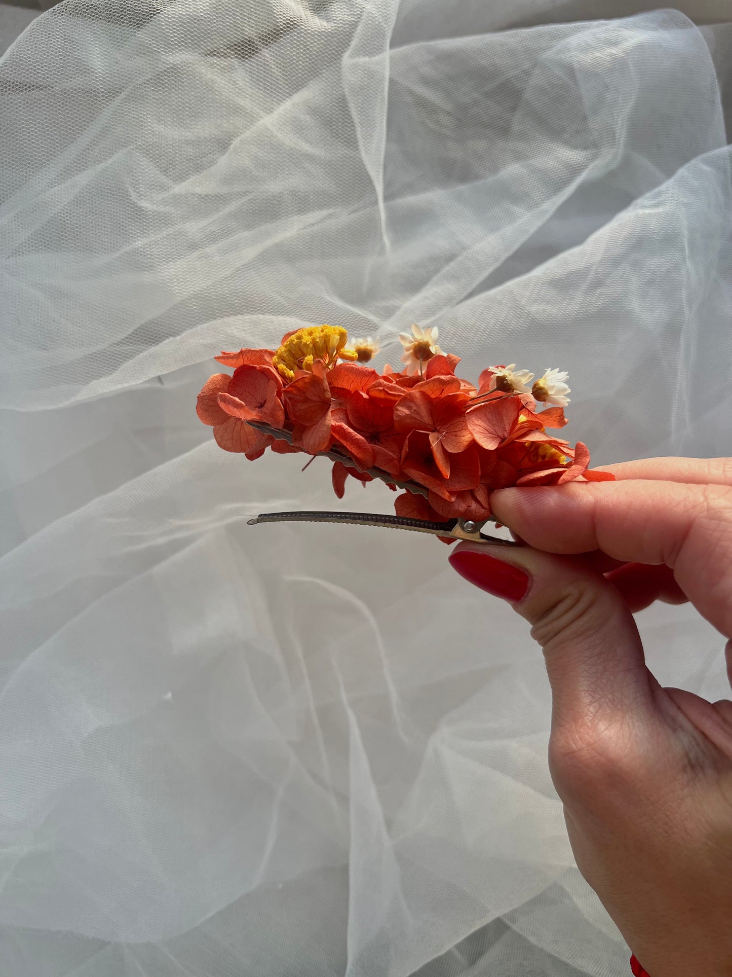 Orange Hydrangea and Mini Daisy Hair Clip