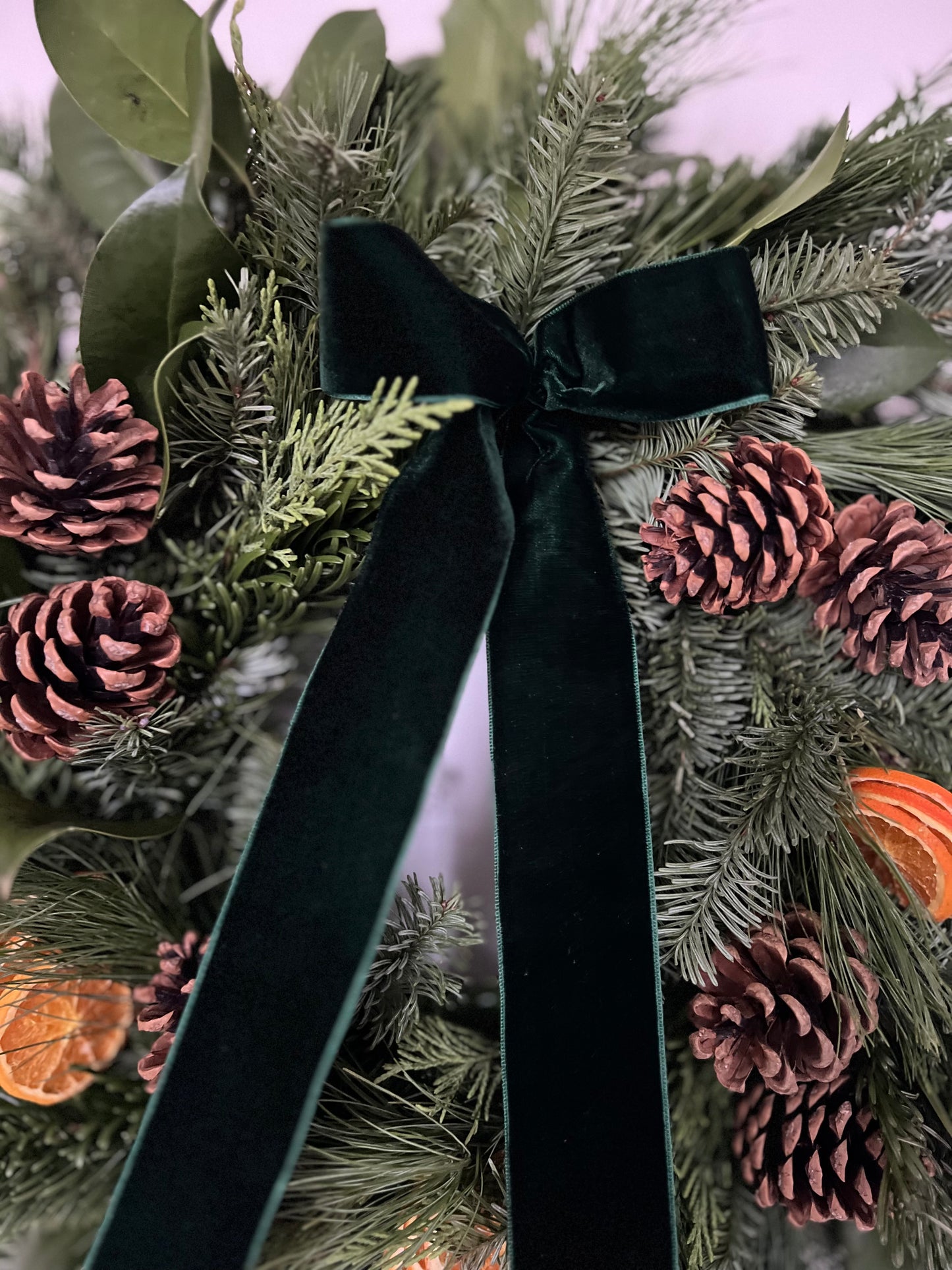 Large Fresh Christmas Wreath Natural with Pinecones and Oranges and Velvet Ribbon 20”