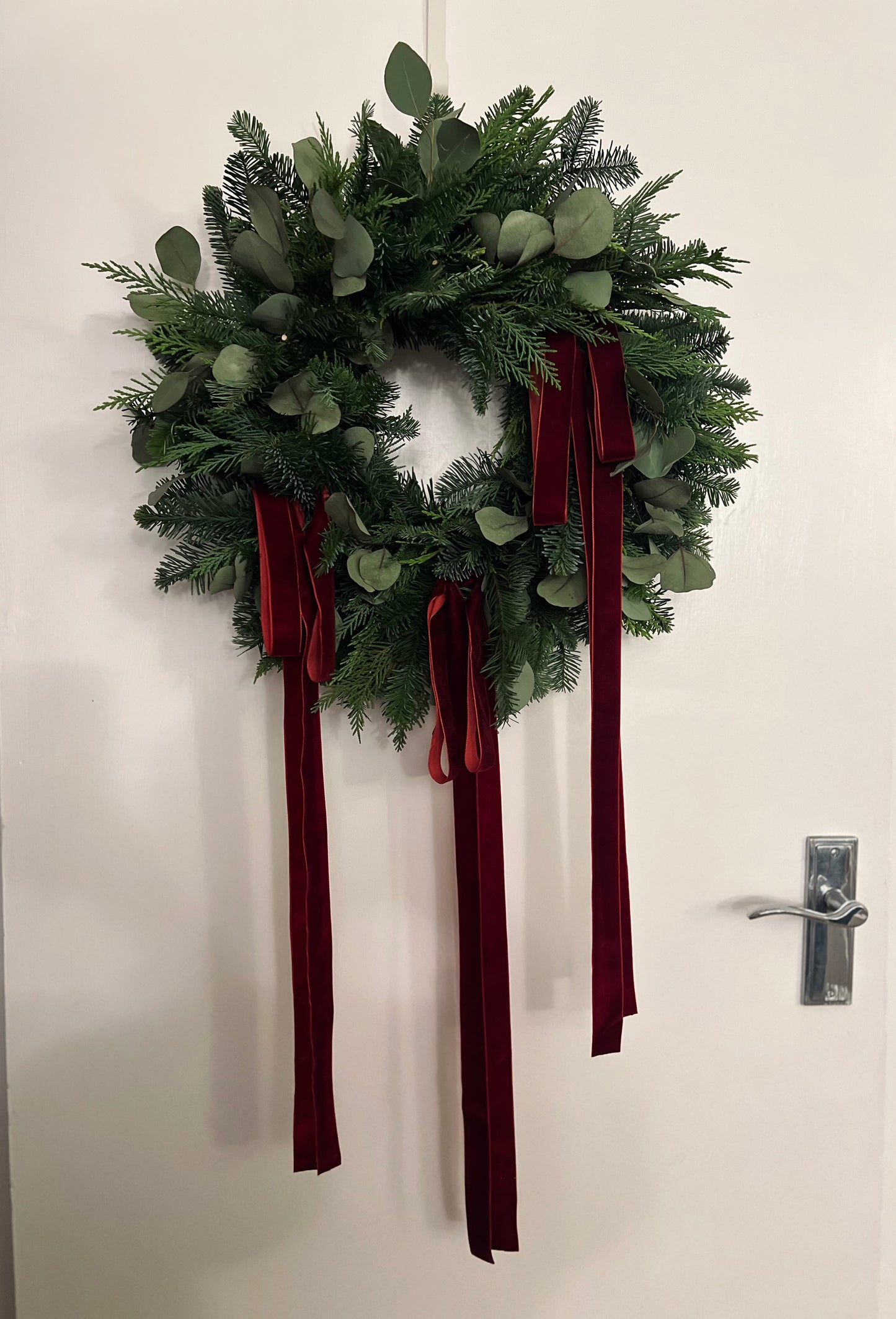 Woodland Christmas Wreath with Eucalyptus and Burgundy Velvet Ribbons