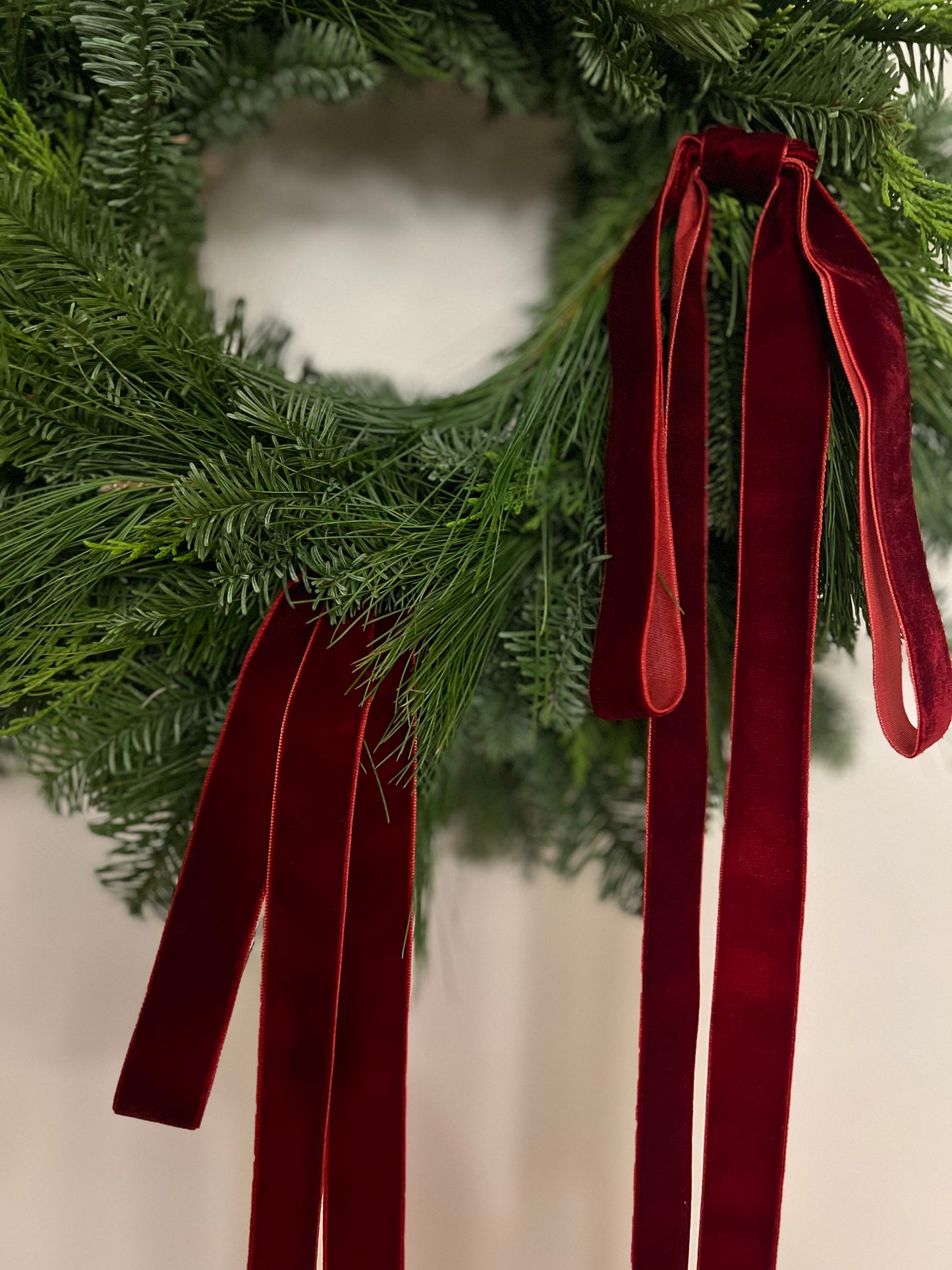 Fresh Modern Christmas Wreath with Velvet Burgundy Ribbons