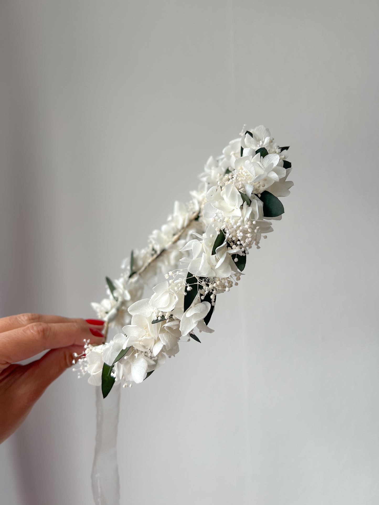 White Flower Crown with Preserved Hydrangeas, Babys Breath and Eucalyptus Leaves