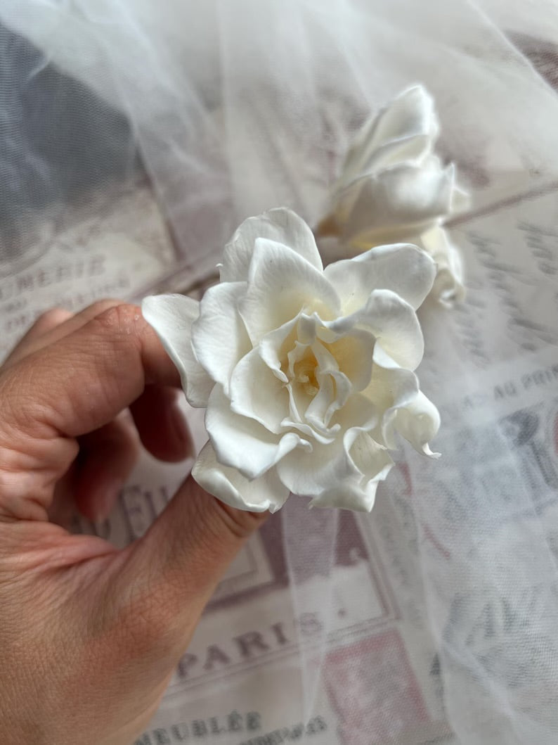Preserved Gardenia Hair Pins - Bridal Floral Headpiece Set of 2