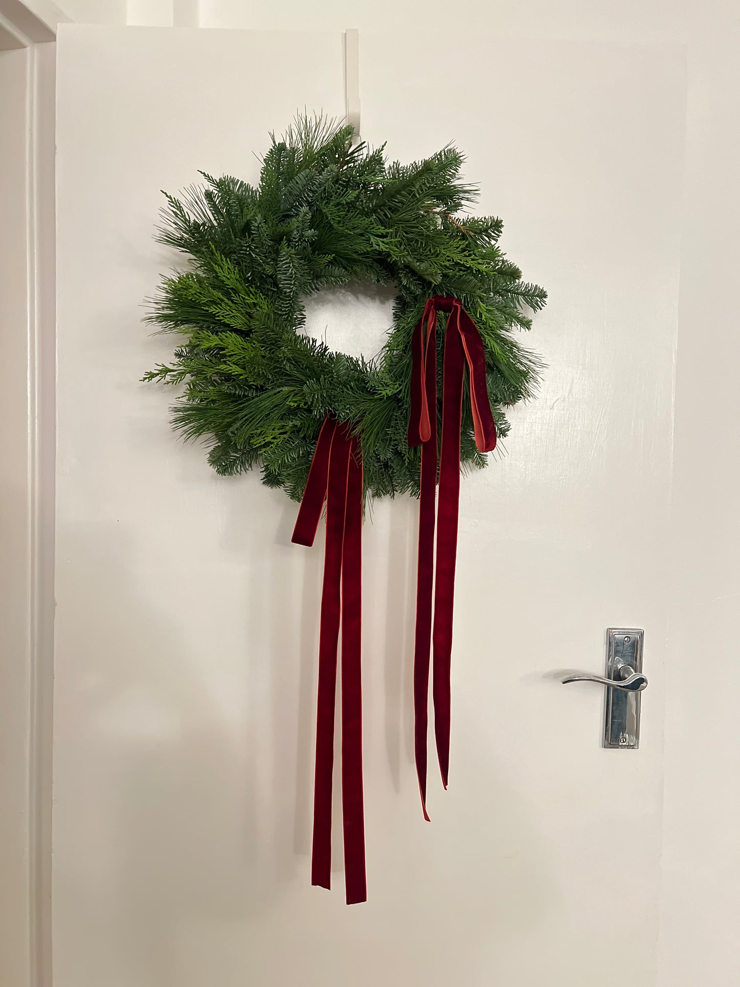 Fresh Modern Christmas Wreath with Velvet Burgundy Ribbons