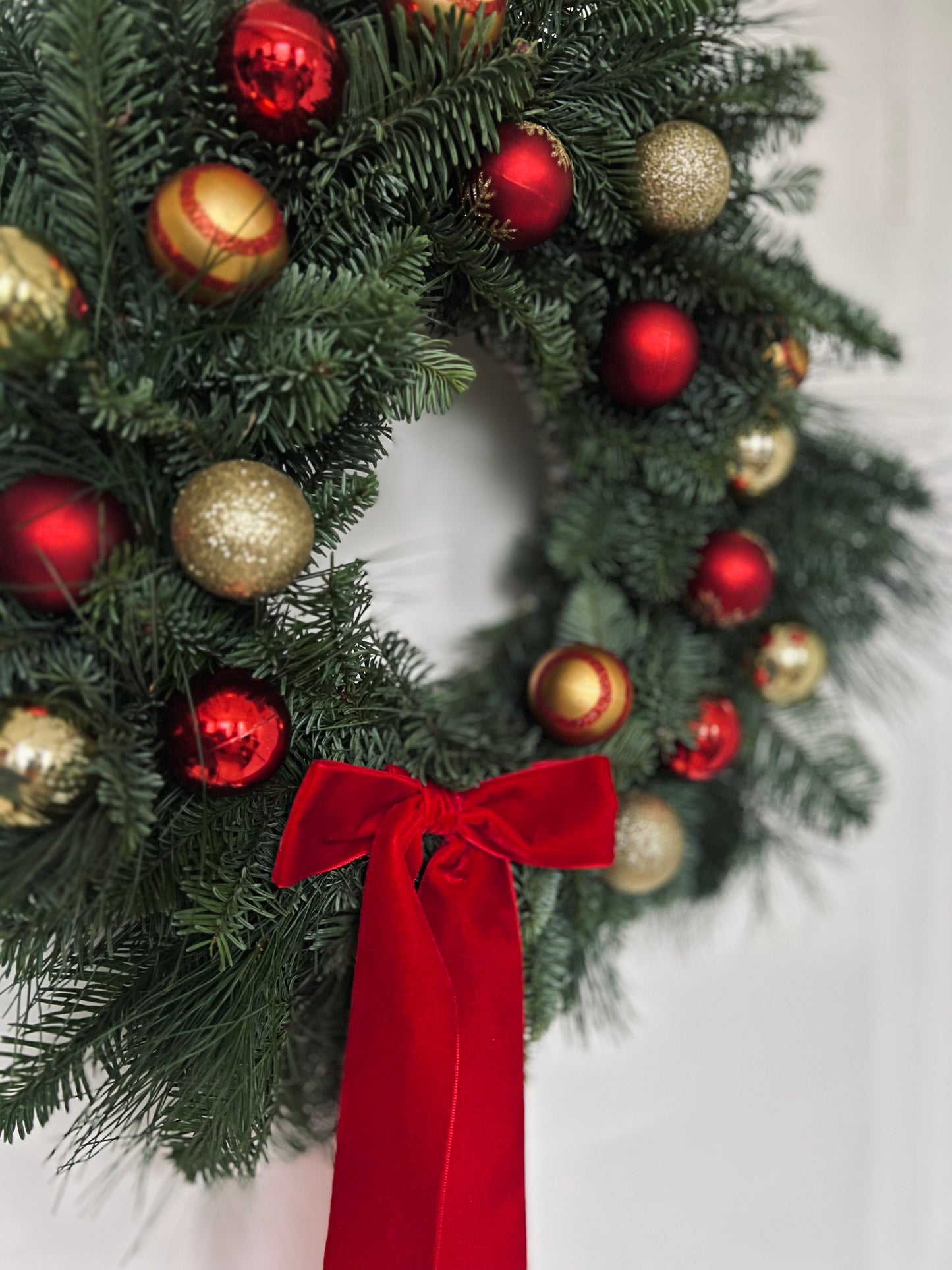 Christmas Wreath Red and Gold with Baubles and Red Velvet Ribbon