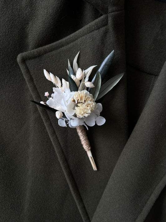 Preserved Olive Leaf Boutonniere, Ivory Green Dried Flower Buttonhole for Groom, Rustic Boho Wedding Corsage Flowers