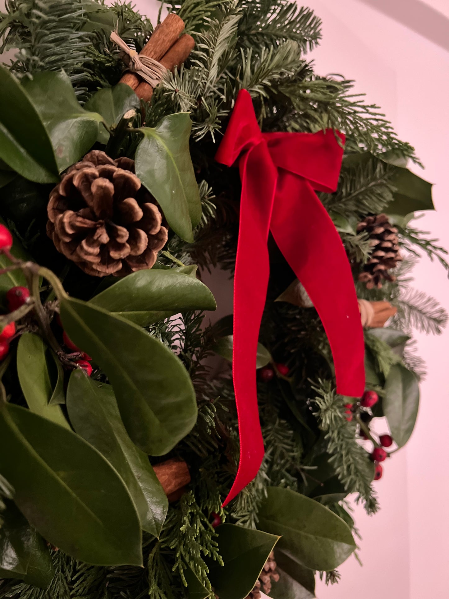 Fresh Christmas wreath with velvet red ribbon 45cm
