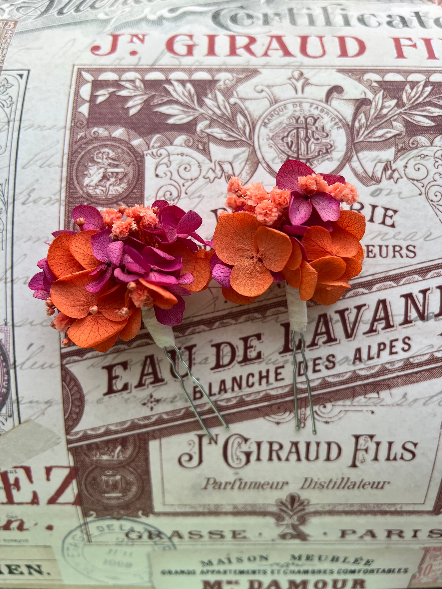 Orange and Fuchsia Floral Hair Pins for Wedding Guests, Bridal Headpiece with Preserved Hydrangeas and Gypsophilas