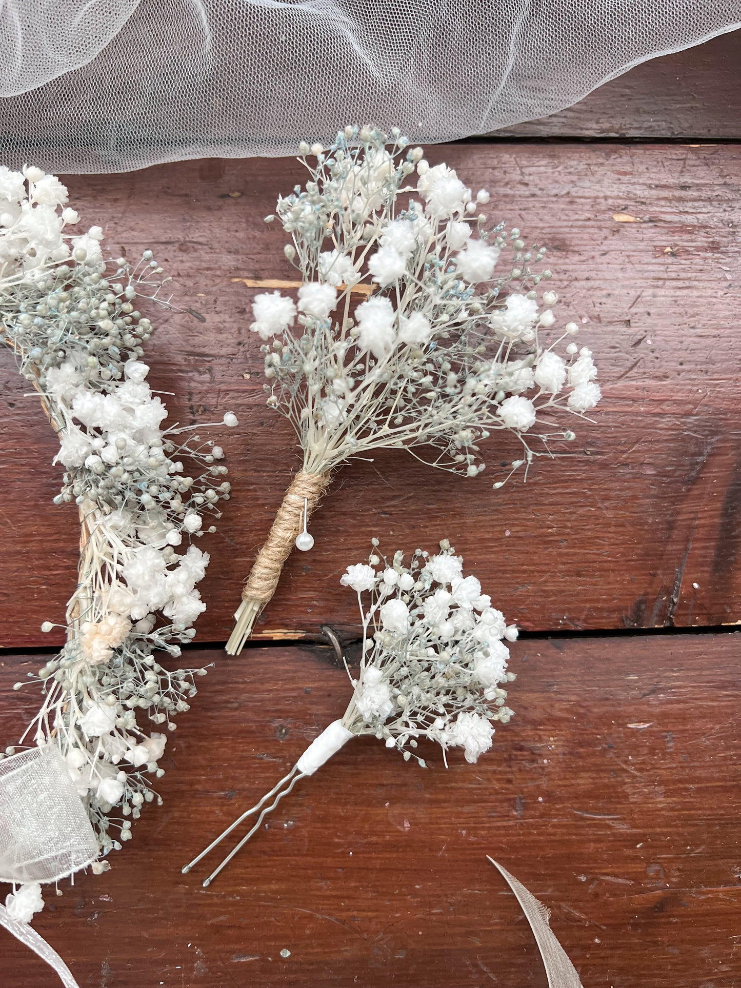 Preserved Gypsophila Headband White and Pale Blue Tiny Flower Crown and Wedding Flowers Set with Boutonniere, Babys Breath Hair Pins