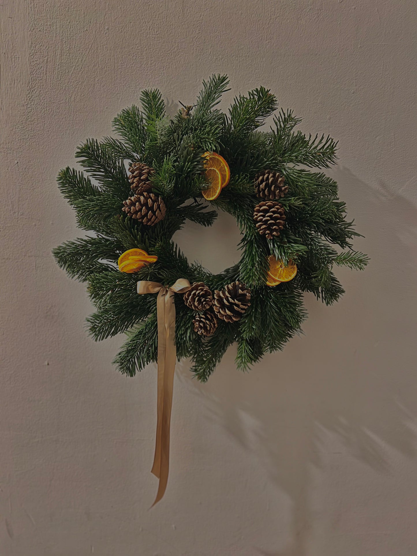 Large Christmas Wreath with Fresh Foliage Pinecones and Oranges
