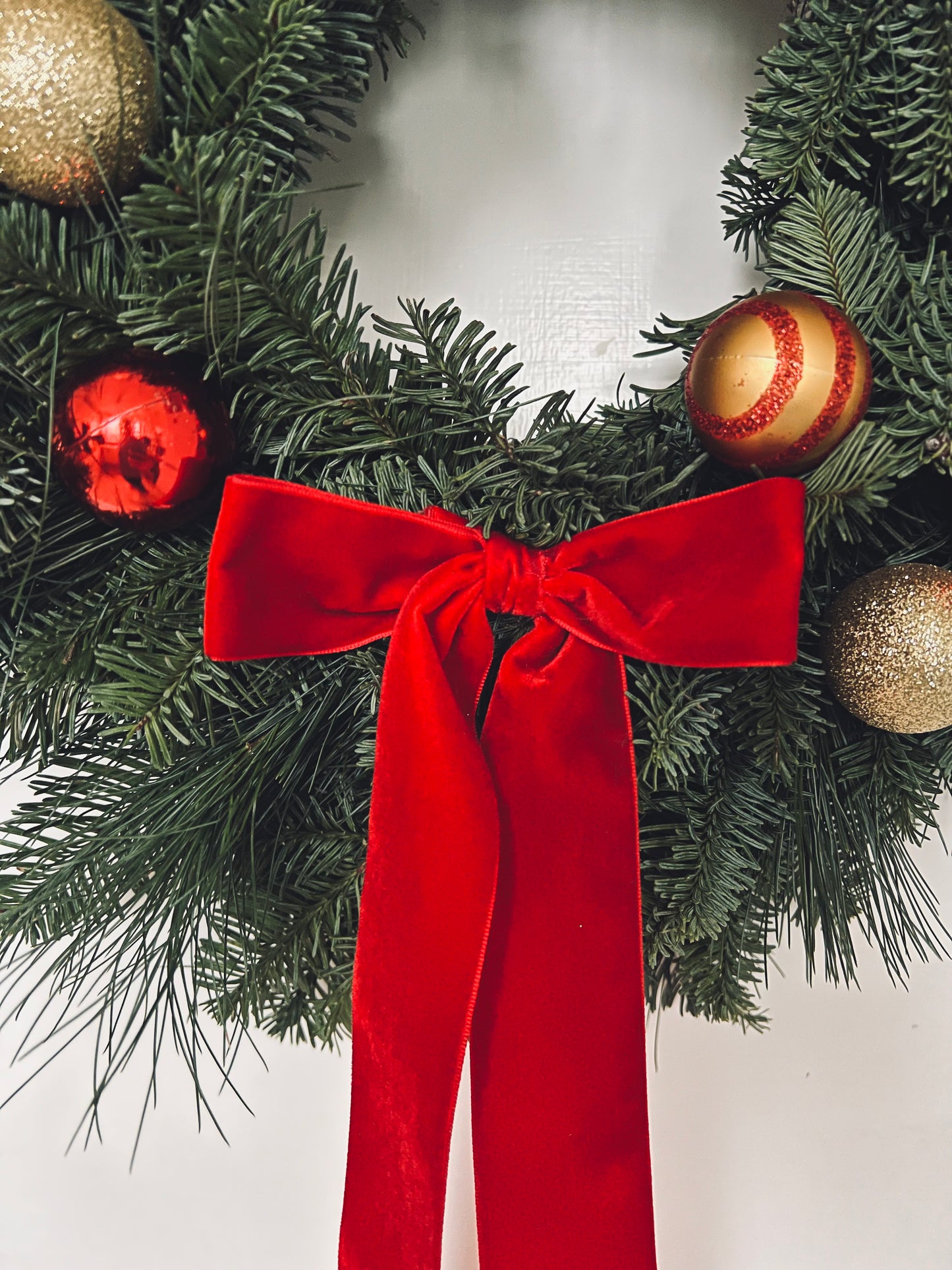 Christmas Wreath Red and Gold with Baubles and Red Velvet Ribbon