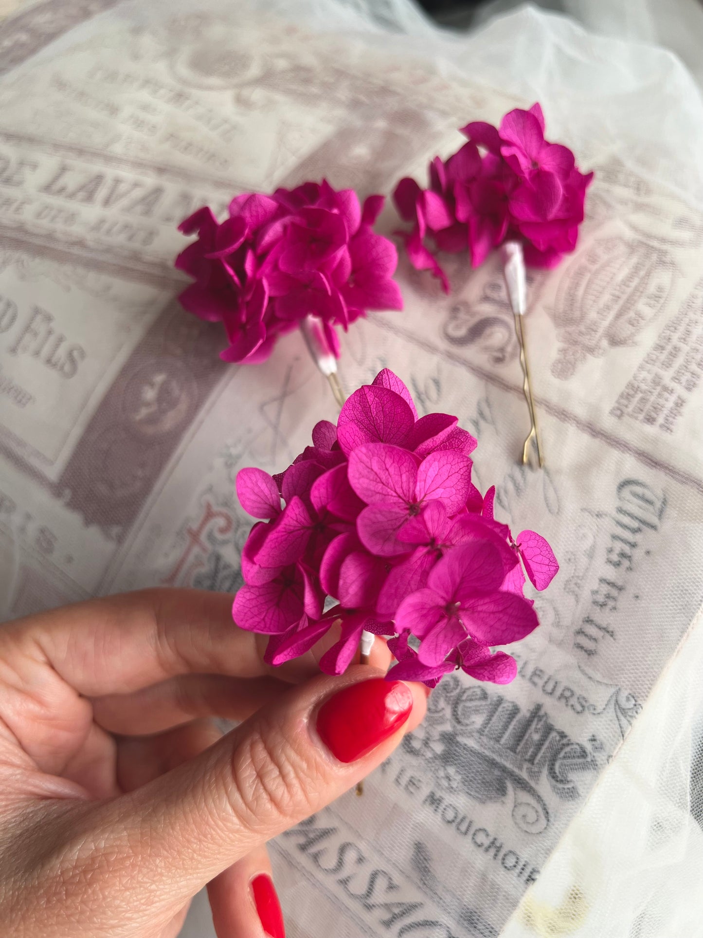 Fuchsia Deep Pink Hydrangea Hair Accessories, Set of 3 Hair Pins, Pink Flower Hair Clip