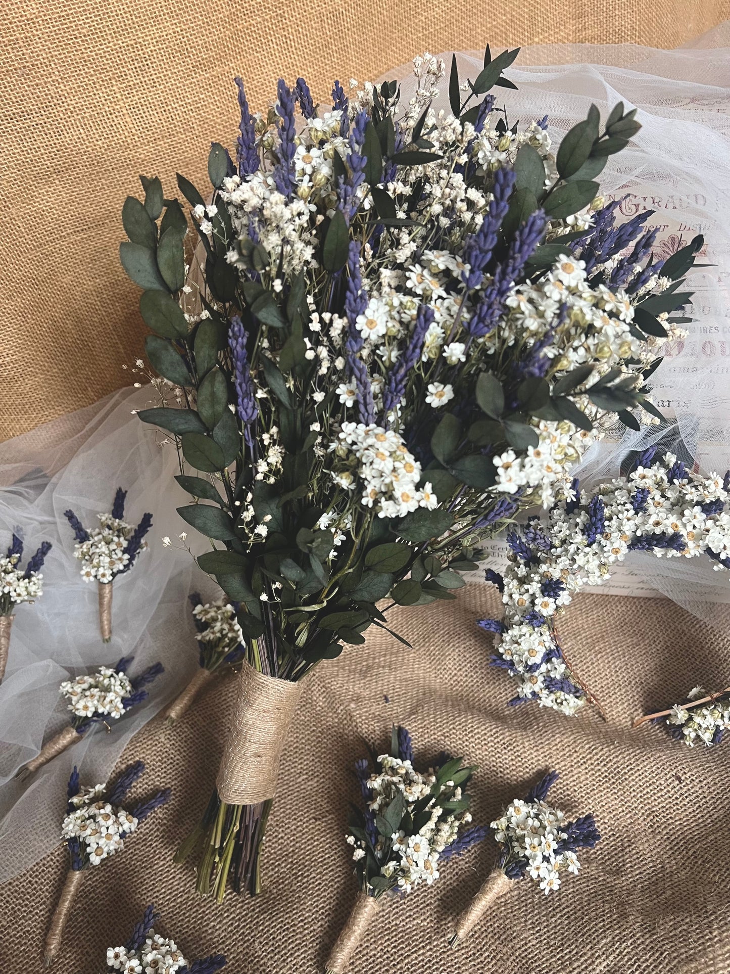 Dried daisy and lavender wedding accessories