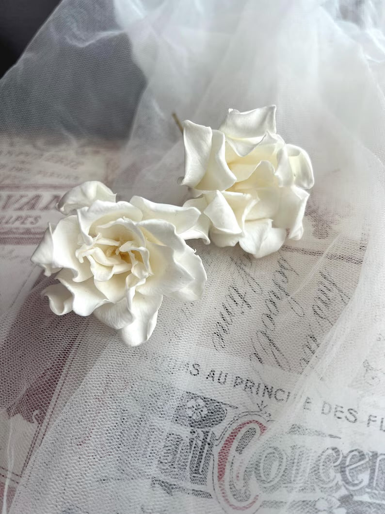 Preserved Gardenia Hair Pins - Bridal Floral Headpiece Set of 2