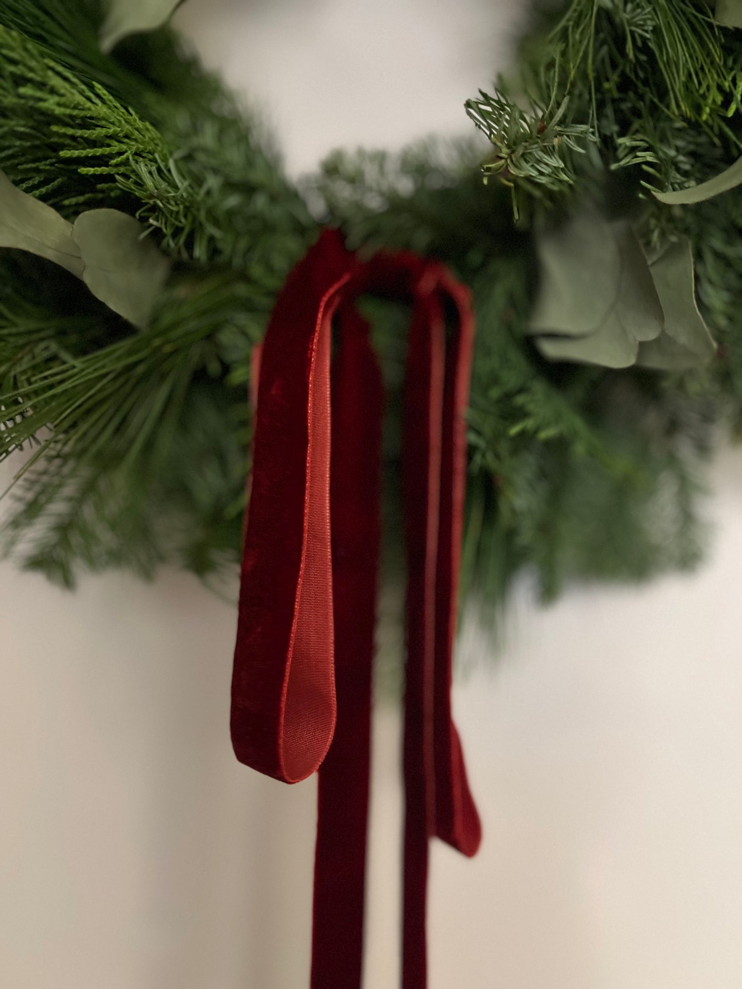 Fresh Christmas Wreath with Eucalyptus and Burgundy Velvet Ribbon, 45cm aprx