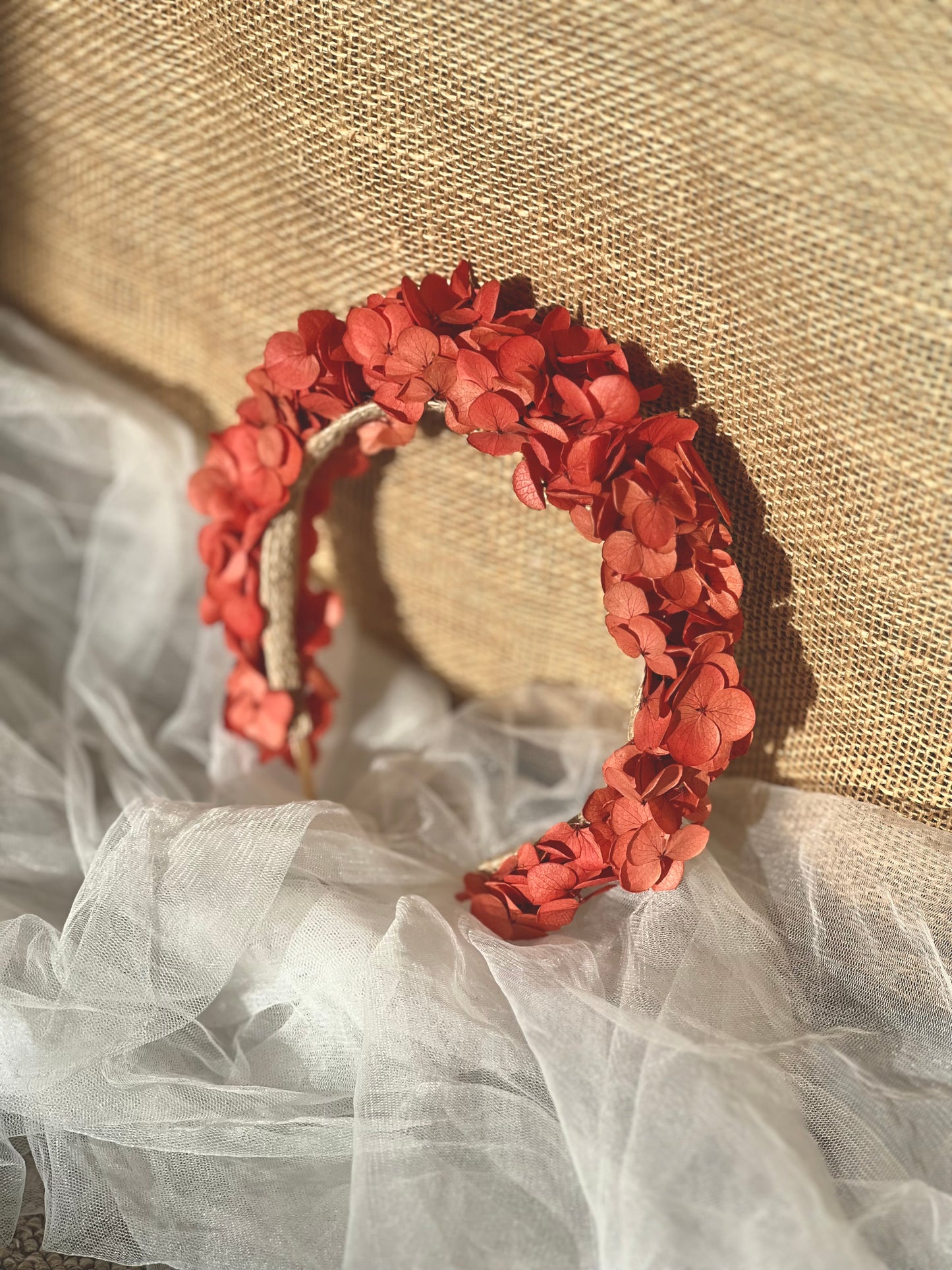 Boho Floral Crown, Coral Dried Flower Tiara, Wedding Flower Hydrangea Headband in Orange, Rustic Floral Hair Accessories Adults Flower Girl