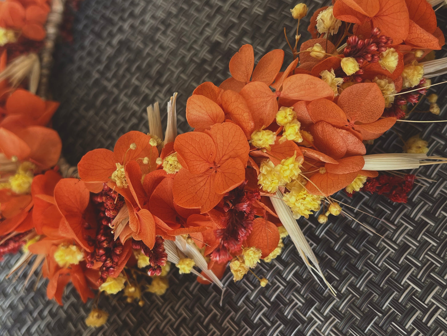 Orange Dried Flower Crown, Autumnal Floral Headband, Bright Colourful Floral Hair Wreath For Wedding