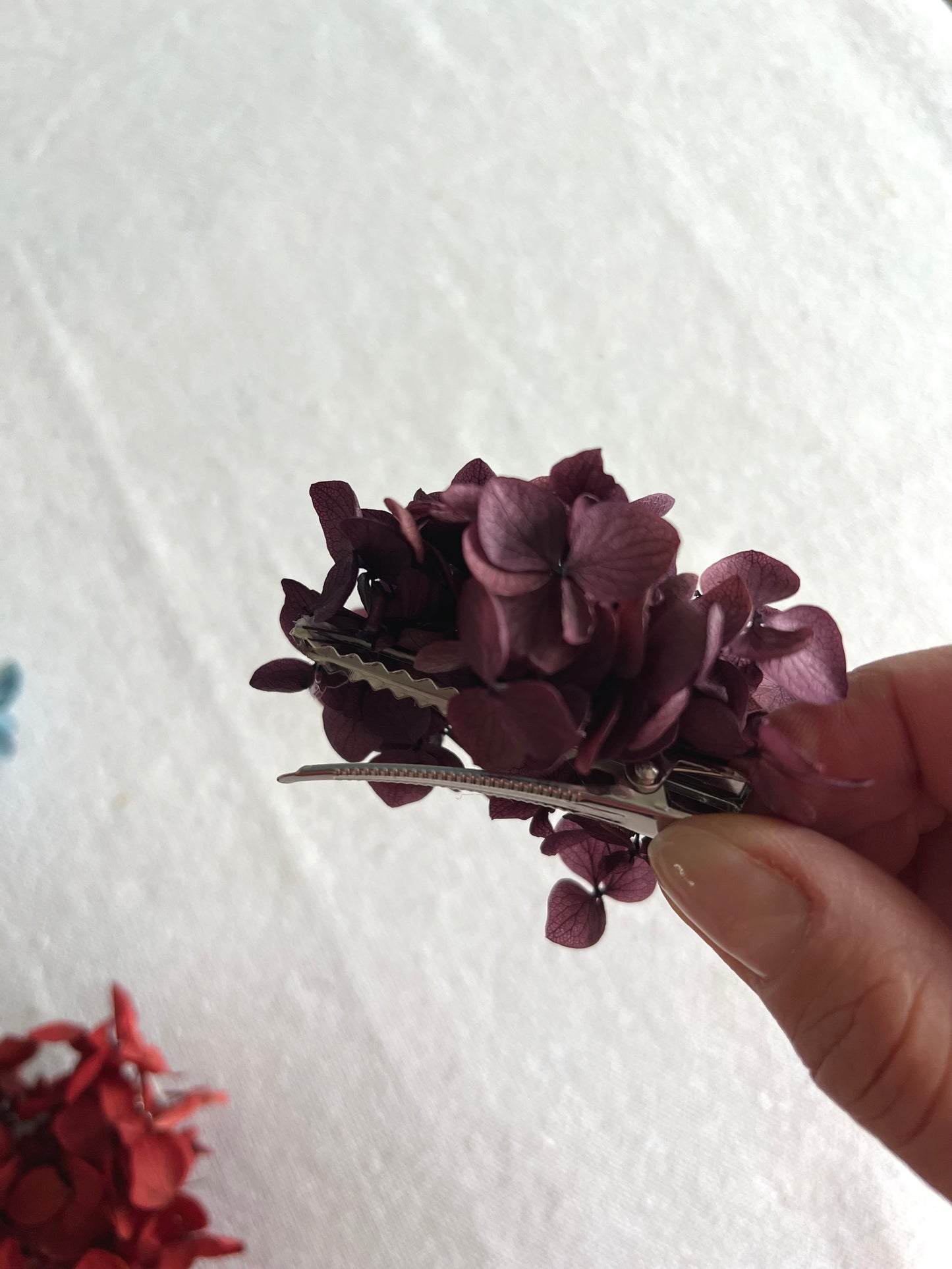 Colourful Floral Hair Clips, Hydrangea Hair Clip in Burgundy, Red and Muted Blue