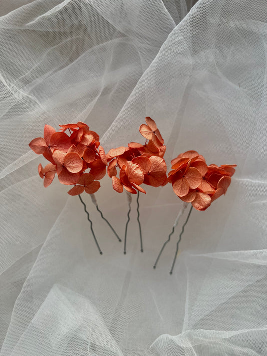 Coral Orange Preserved Hydrangea Hair Pins
