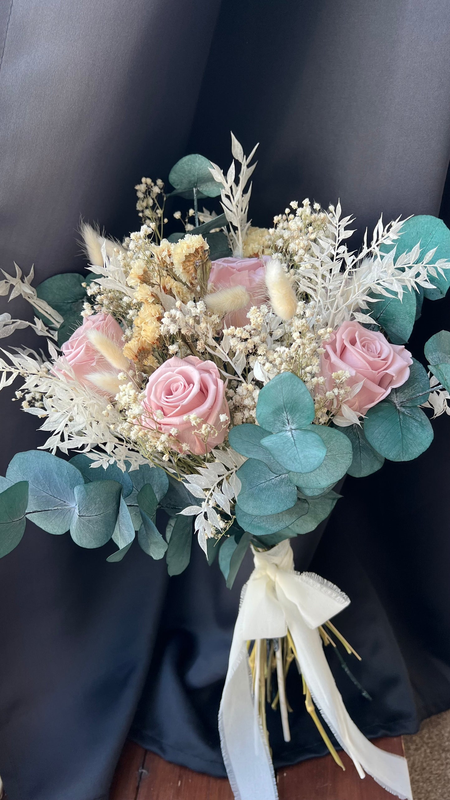Pink Bridal Bouquet with Roses, Gypsophila and Eucalyptus