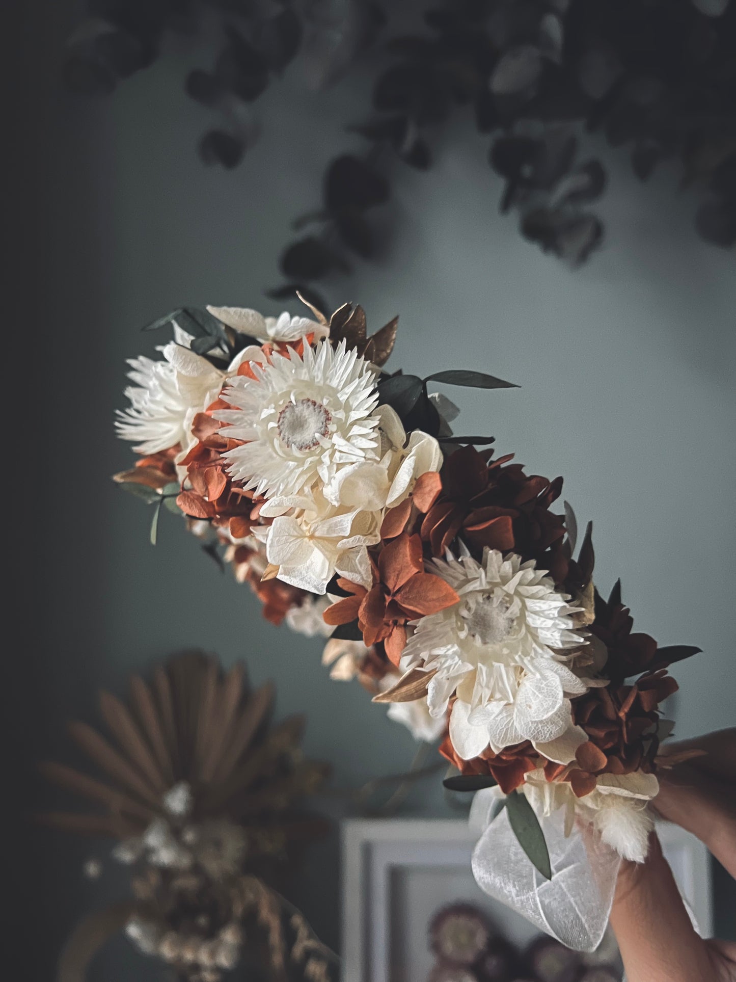 Autumnal Boho Dried Flower Crown Burnt Orange Terracotta Gold Ivory Bridal Floral Headband, Rustic Floral Hair Accessories Set Floral Comb