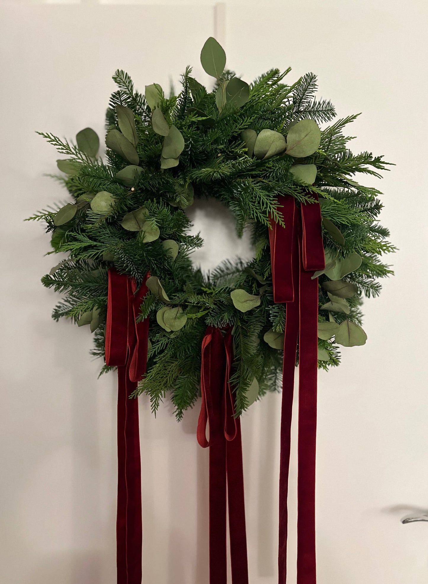 Woodland Christmas Wreath with Eucalyptus and Burgundy Velvet Ribbons