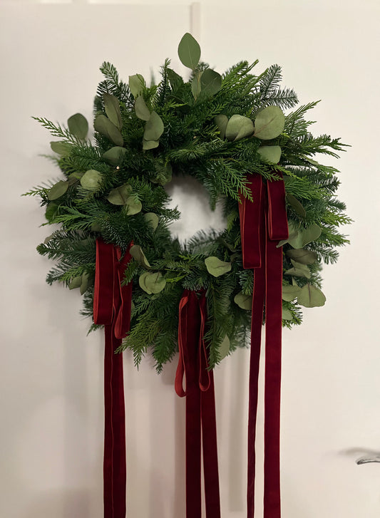 Woodland Christmas Wreath with Eucalyptus and Burgundy Velvet Ribbons