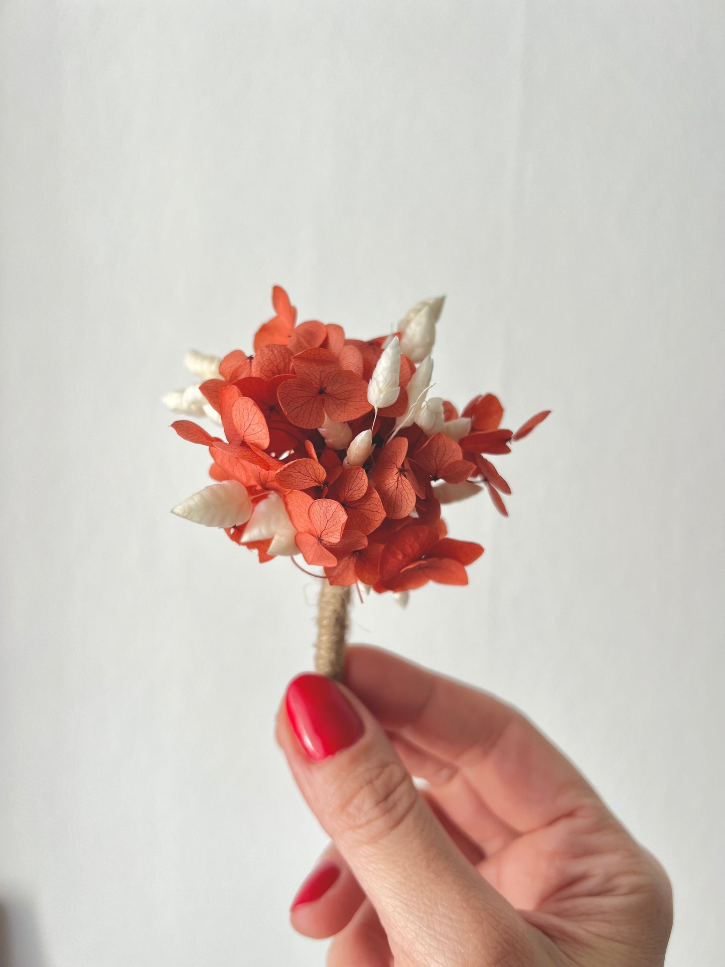 Coral Orange Dried Flower Hair Pins and Boutonniere with Preserved Hydrangeas