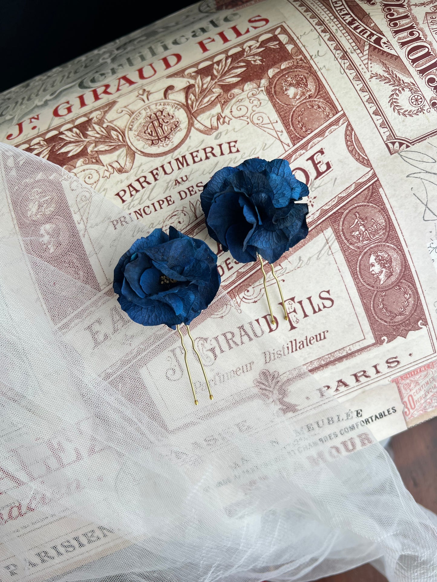 Sapphire Navy Blue Floral Hair Pins with Hydrangeas