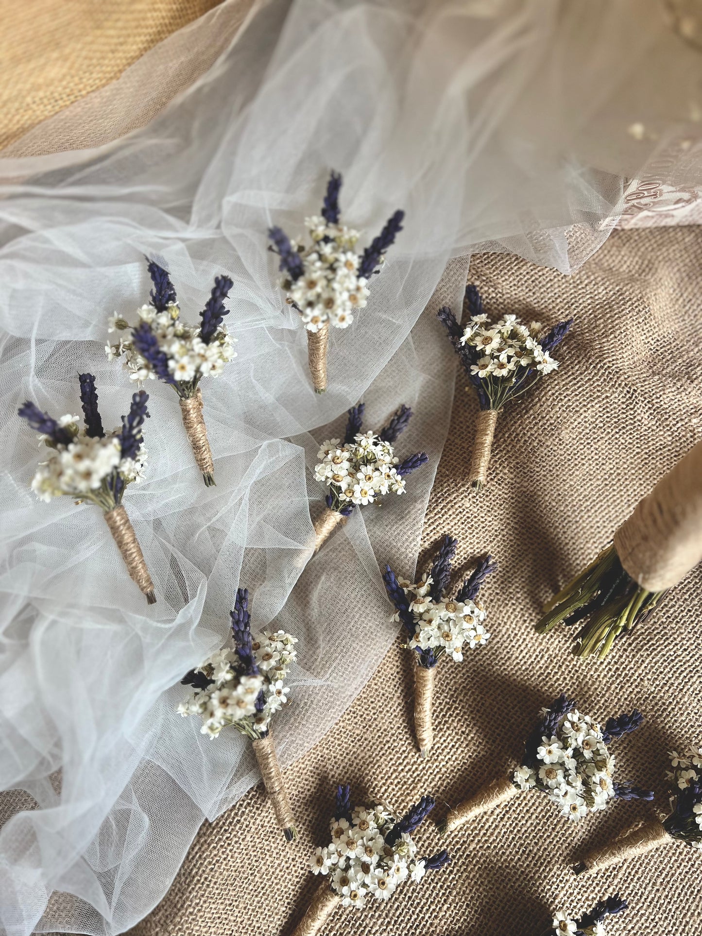 Dried daisy and lavender wedding accessories