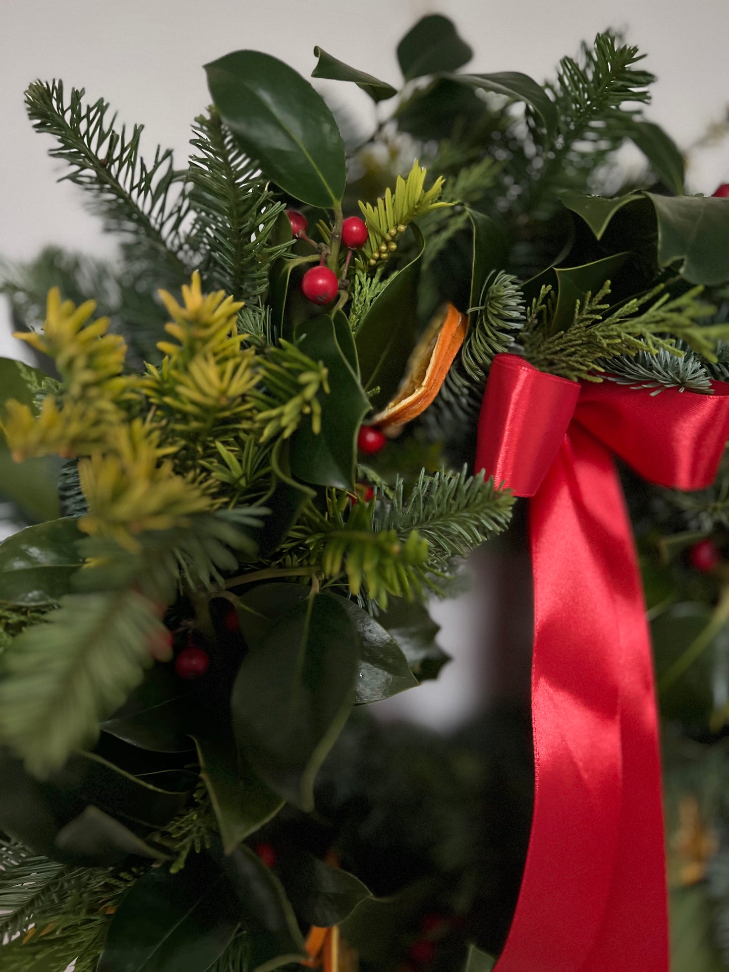 Large Fresh Traditional Christmas Wreath with Red Berries, Dried Oranges and Red Ribbon
