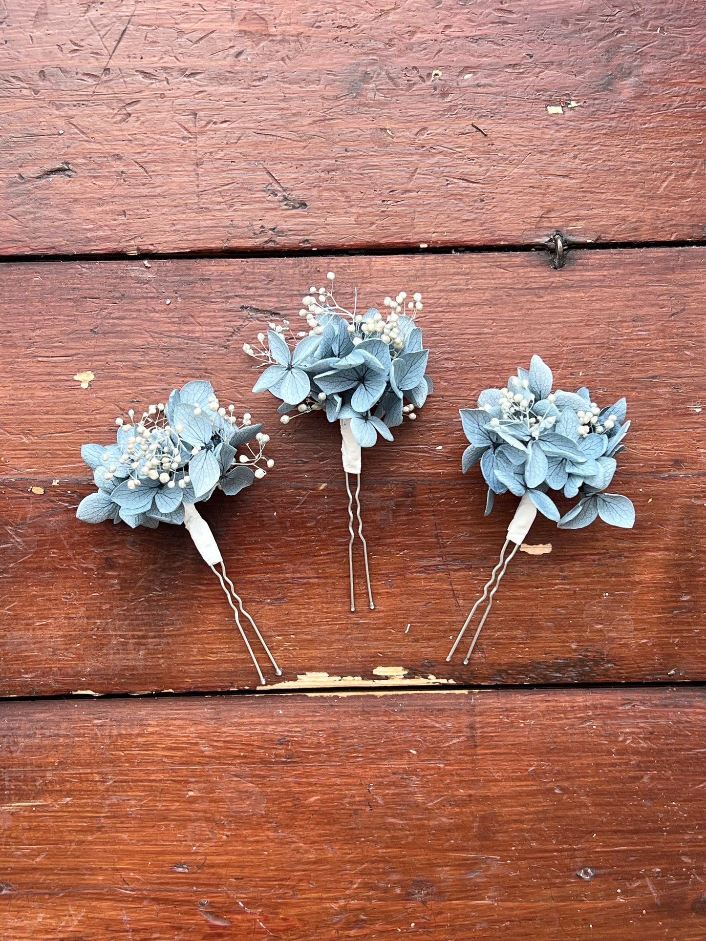Dusty Blue Wedding Hair Pins with Hydrangeas and Gypsophilas, Set of 3