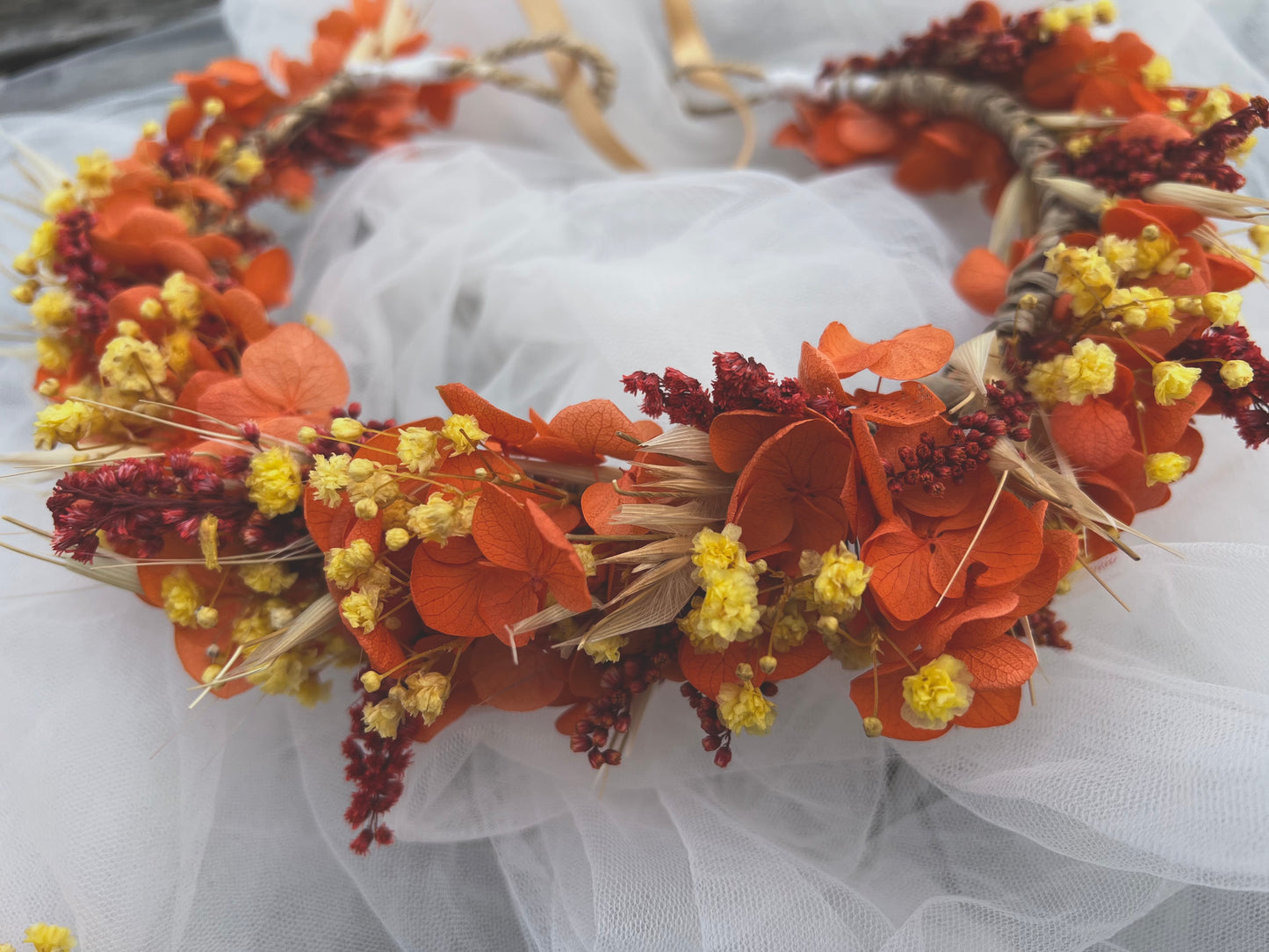 Orange Dried Flower Crown, Autumnal Floral Headband, Bright Colourful Floral Hair Wreath For Wedding