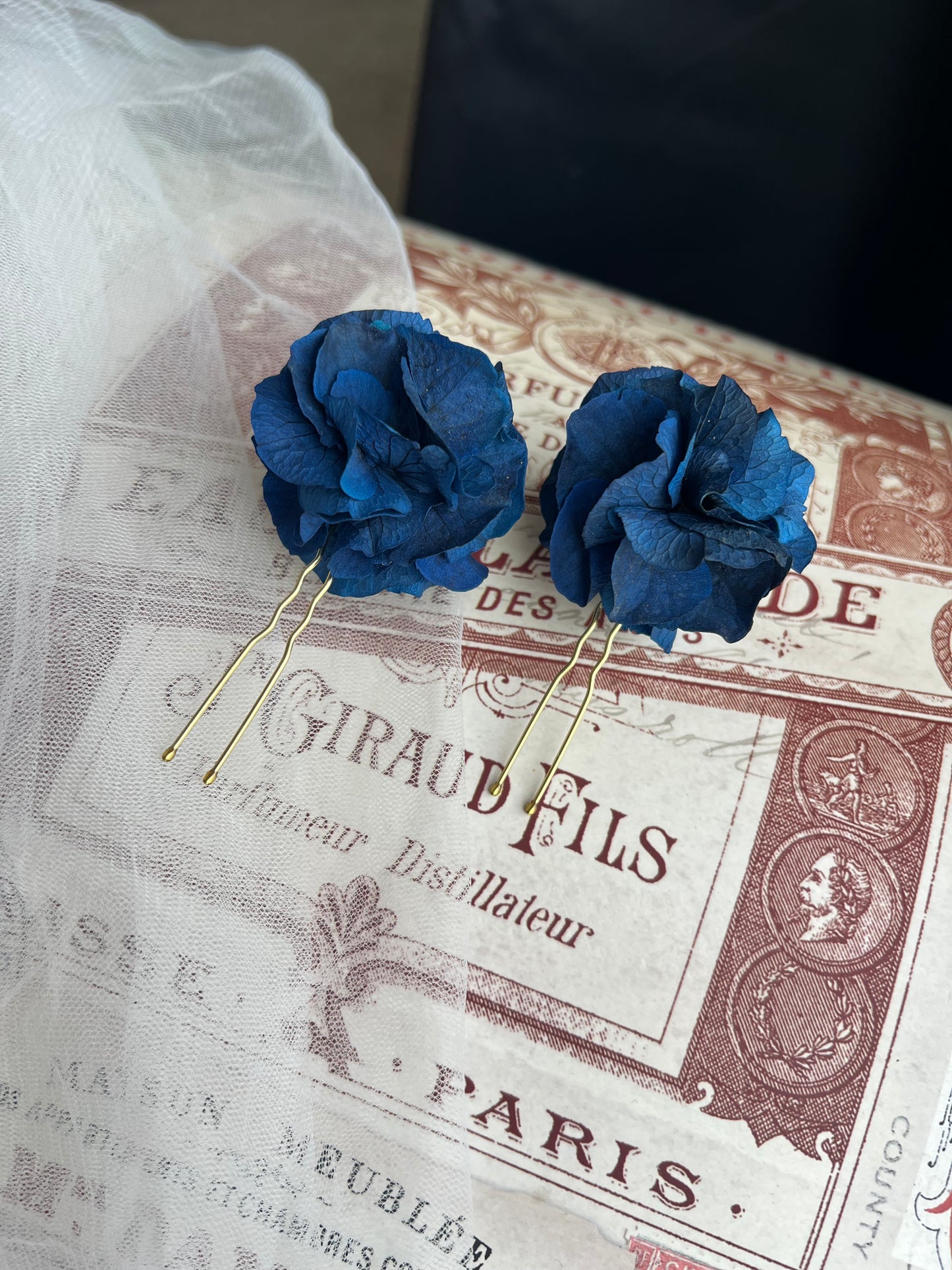 Sapphire Navy Blue Floral Hair Pins with Hydrangeas